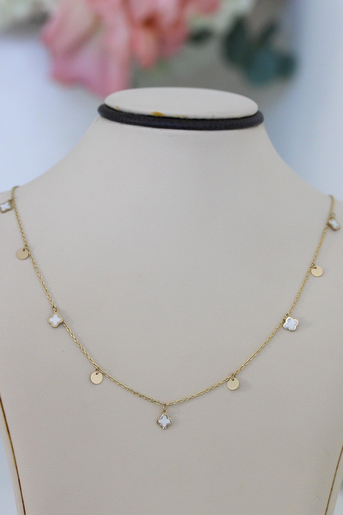 "White Clover Enamel" Necklace - 14k Yellow Gold