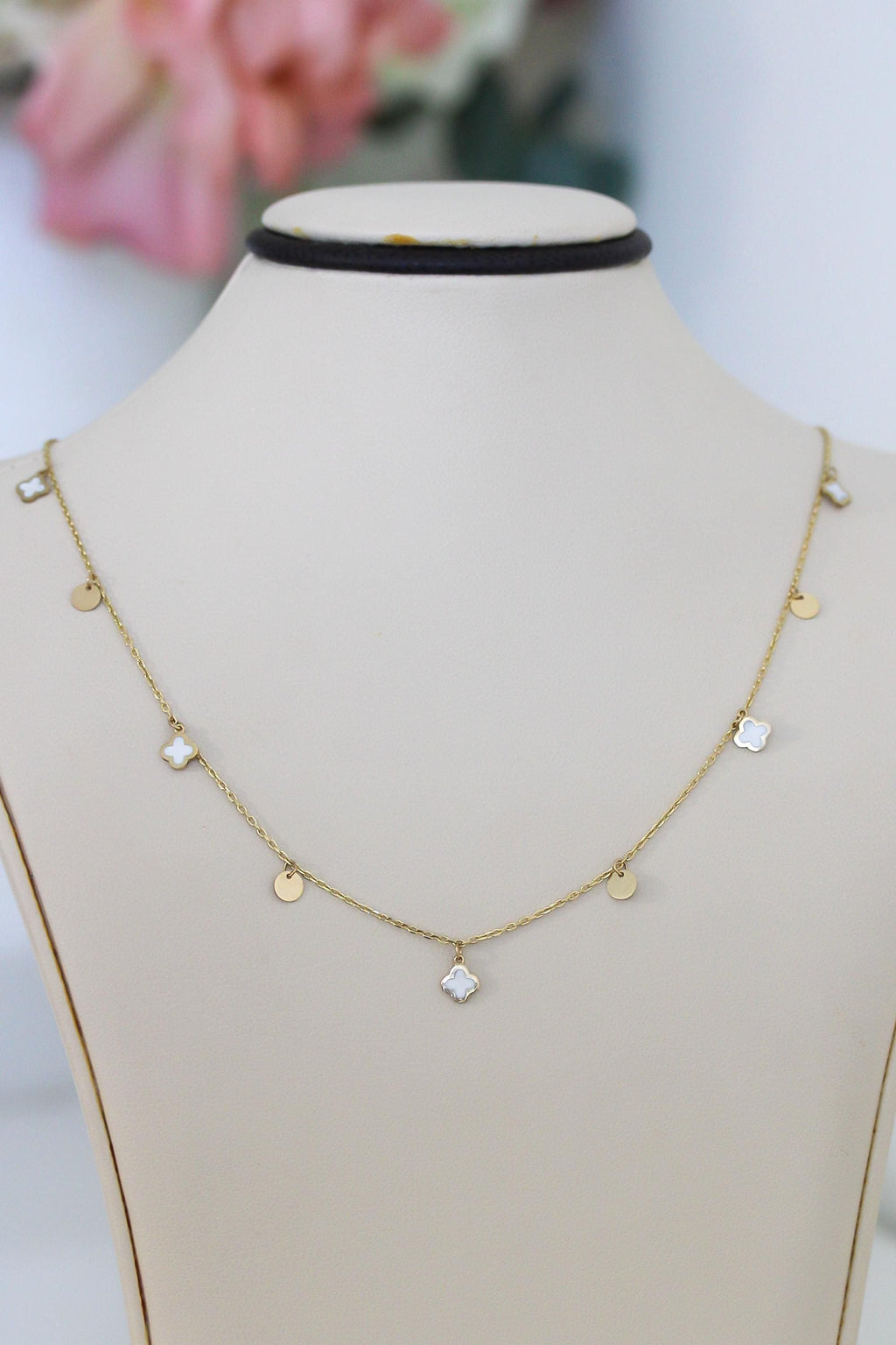 "White Clover Enamel" Necklace - 14k Yellow Gold