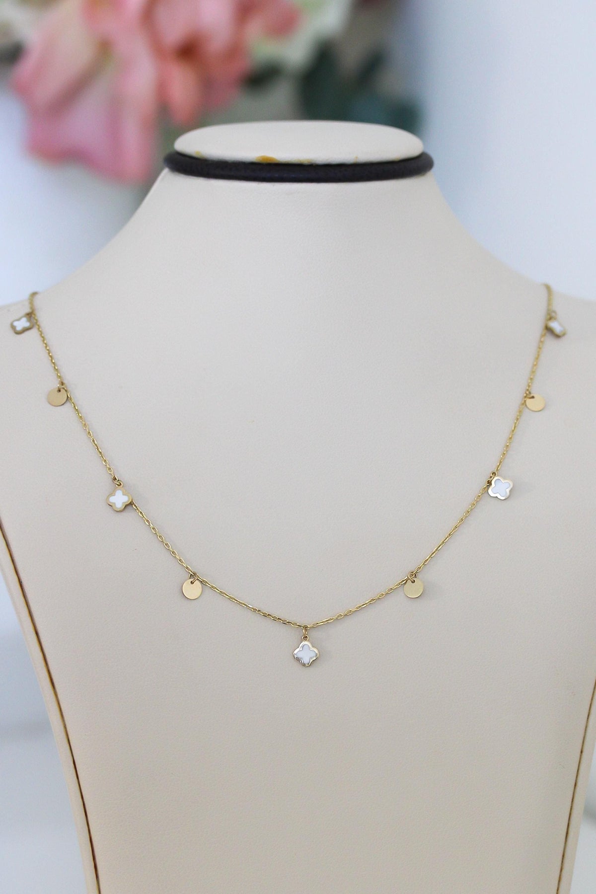 "White Clover Enamel" Necklace - 14k Yellow Gold