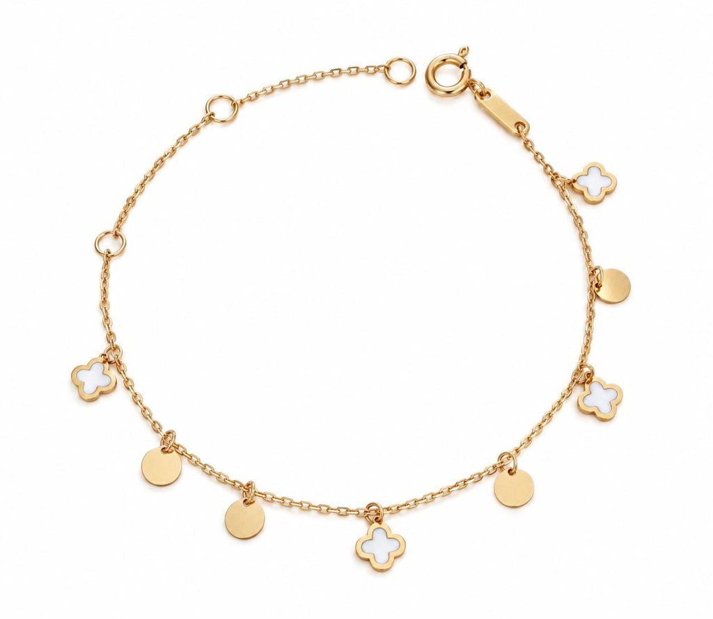 "White Enamel Clover" Bracelet - 14k Gold