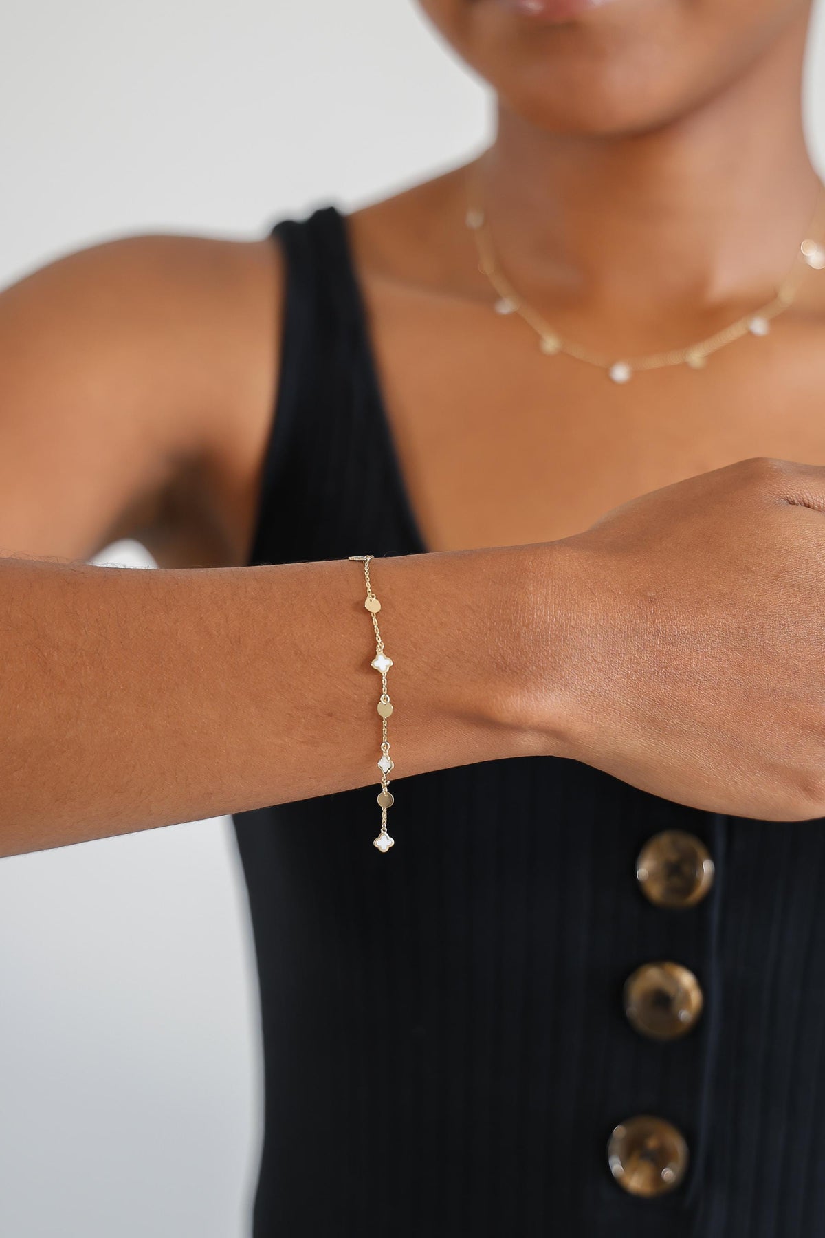 "White Enamel Clover" Bracelet - 14k Gold