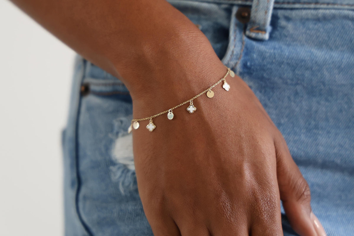 "White Enamel Clover" Bracelet - 14k Gold