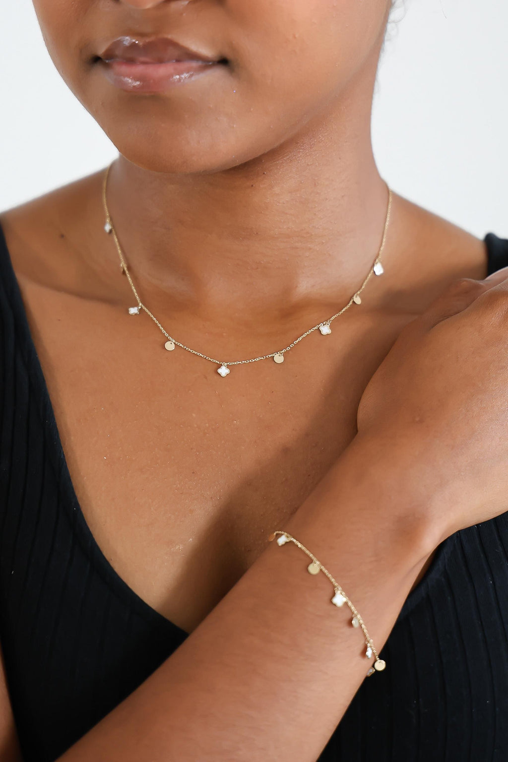 "White Enamel Clover" Bracelet - 14k Gold