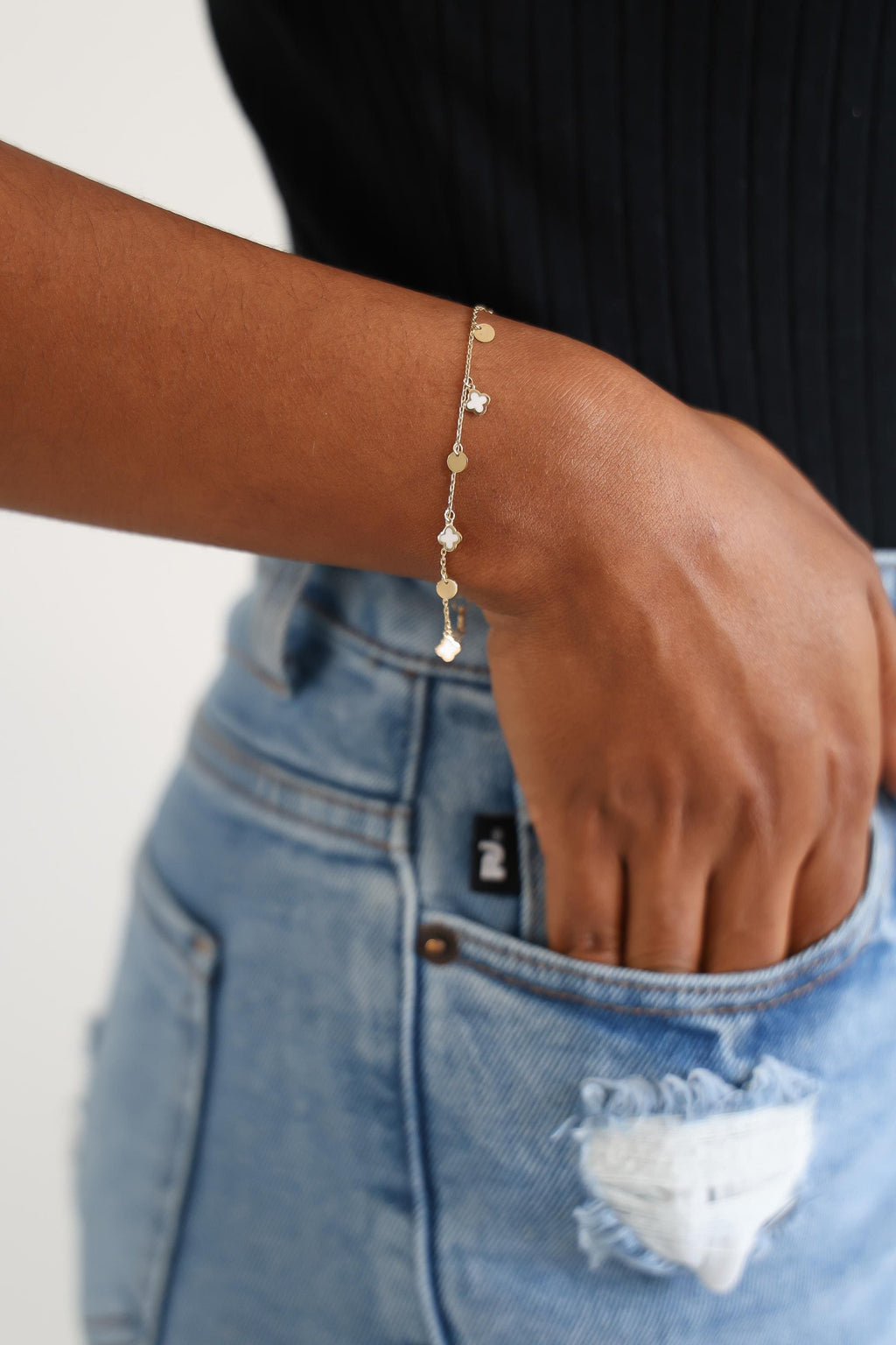"White Enamel Clover" Bracelet - 14k Gold