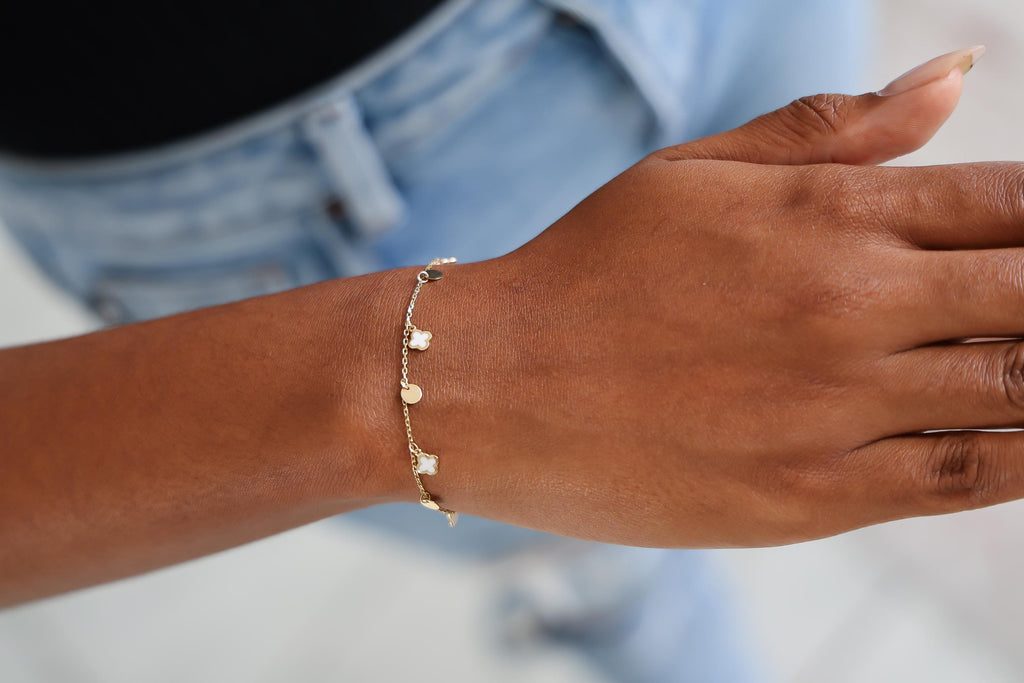 "White Enamel Clover" Bracelet - 14k Gold