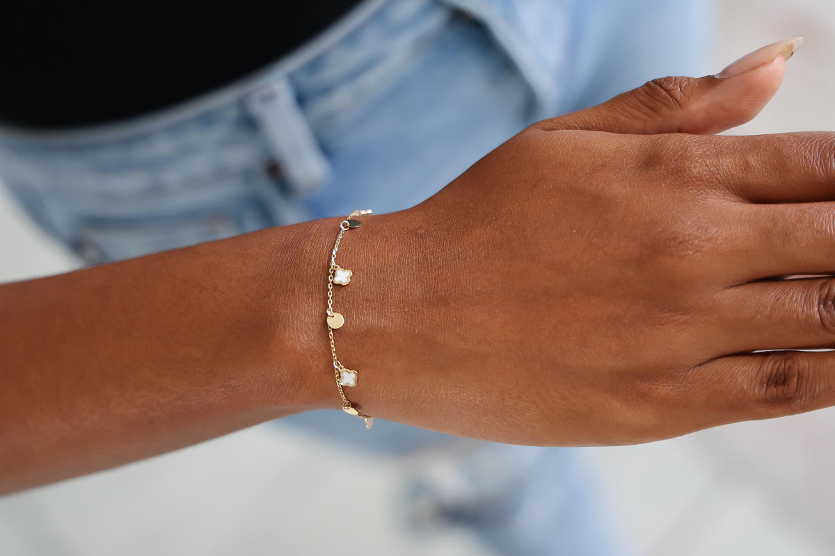 "White Enamel Clover" Bracelet - 14k Gold
