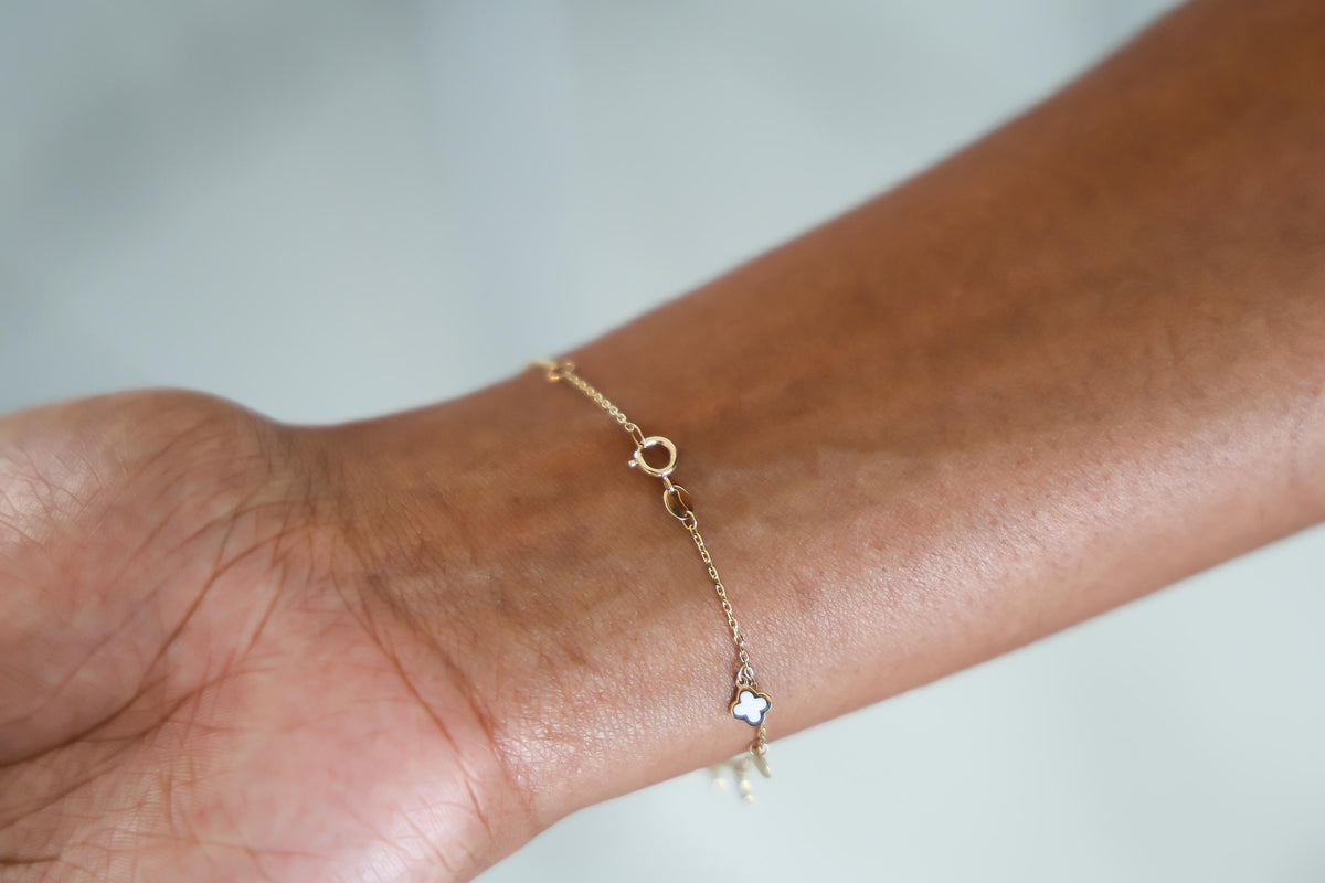 "White Enamel Clover" Bracelet - 14k Gold