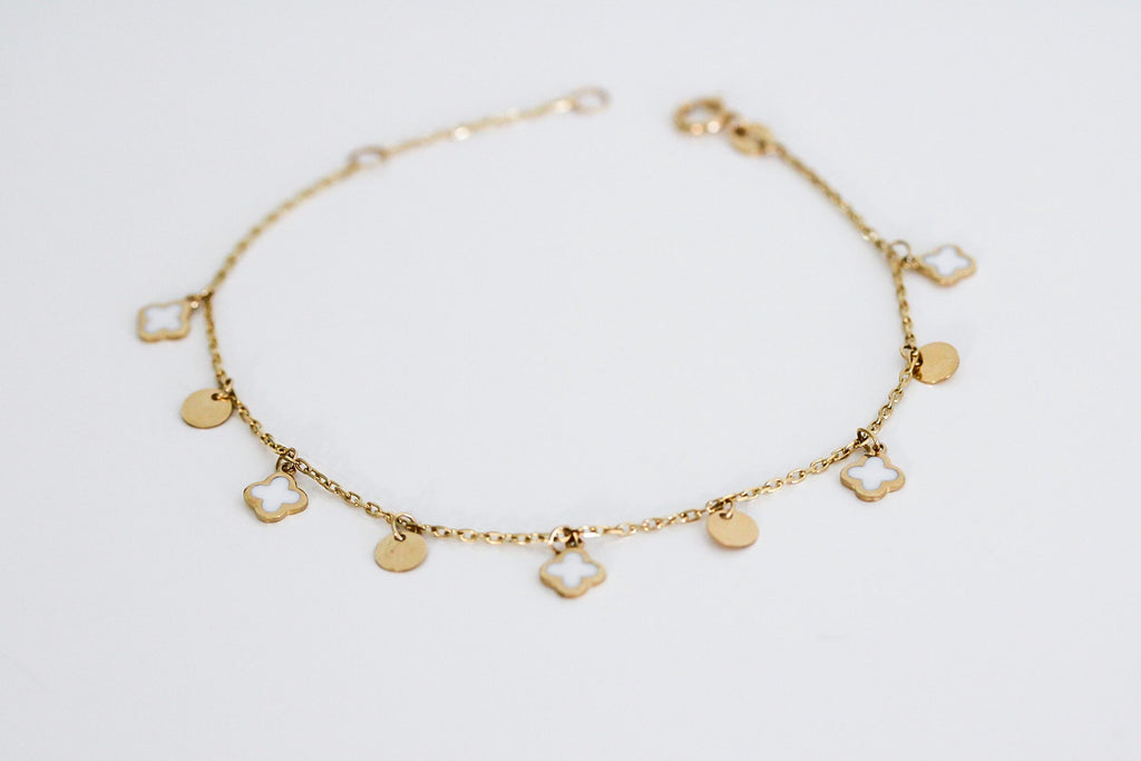 "White Enamel Clover" Bracelet - 14k Gold