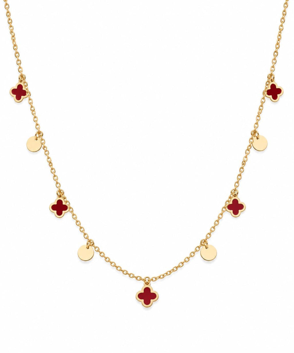 "Red Clover Enamel" Necklace - 14k Yellow Gold