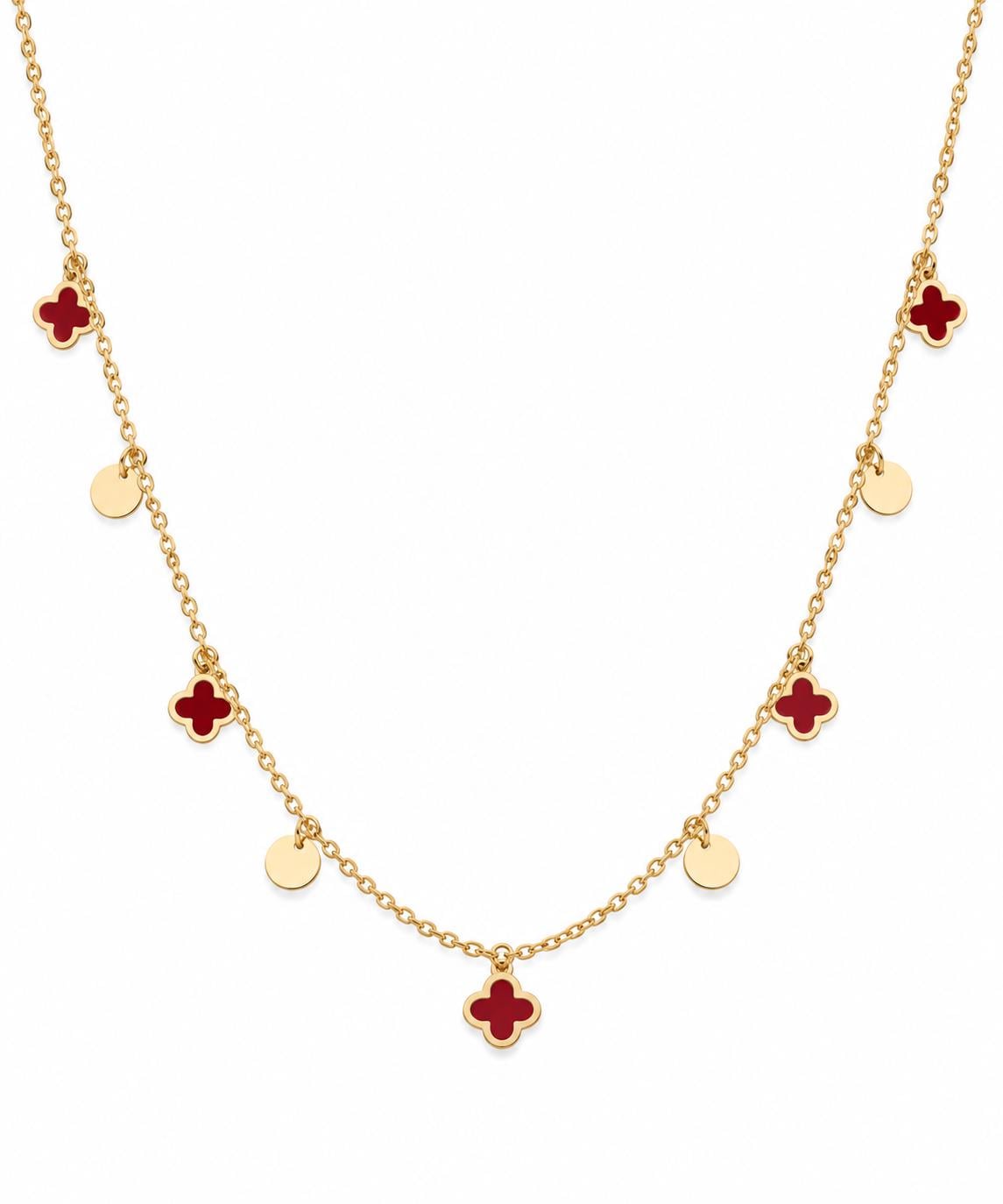 "Red Clover Enamel" Necklace - 14k Yellow Gold