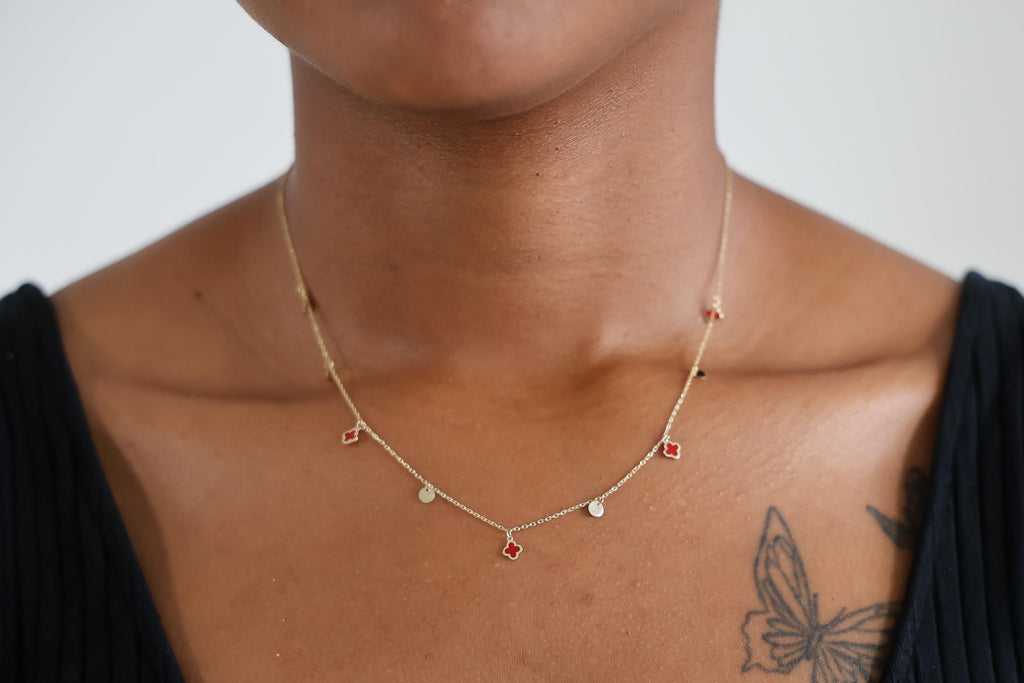 "Red Clover Enamel" Necklace - 14k Yellow Gold