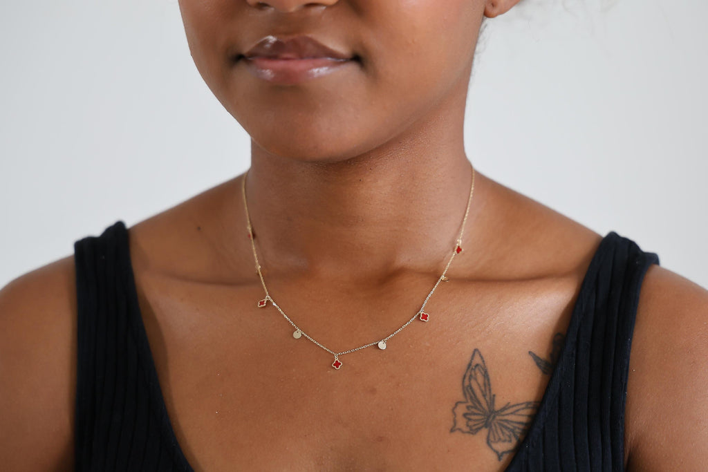"Red Clover Enamel" Necklace - 14k Yellow Gold