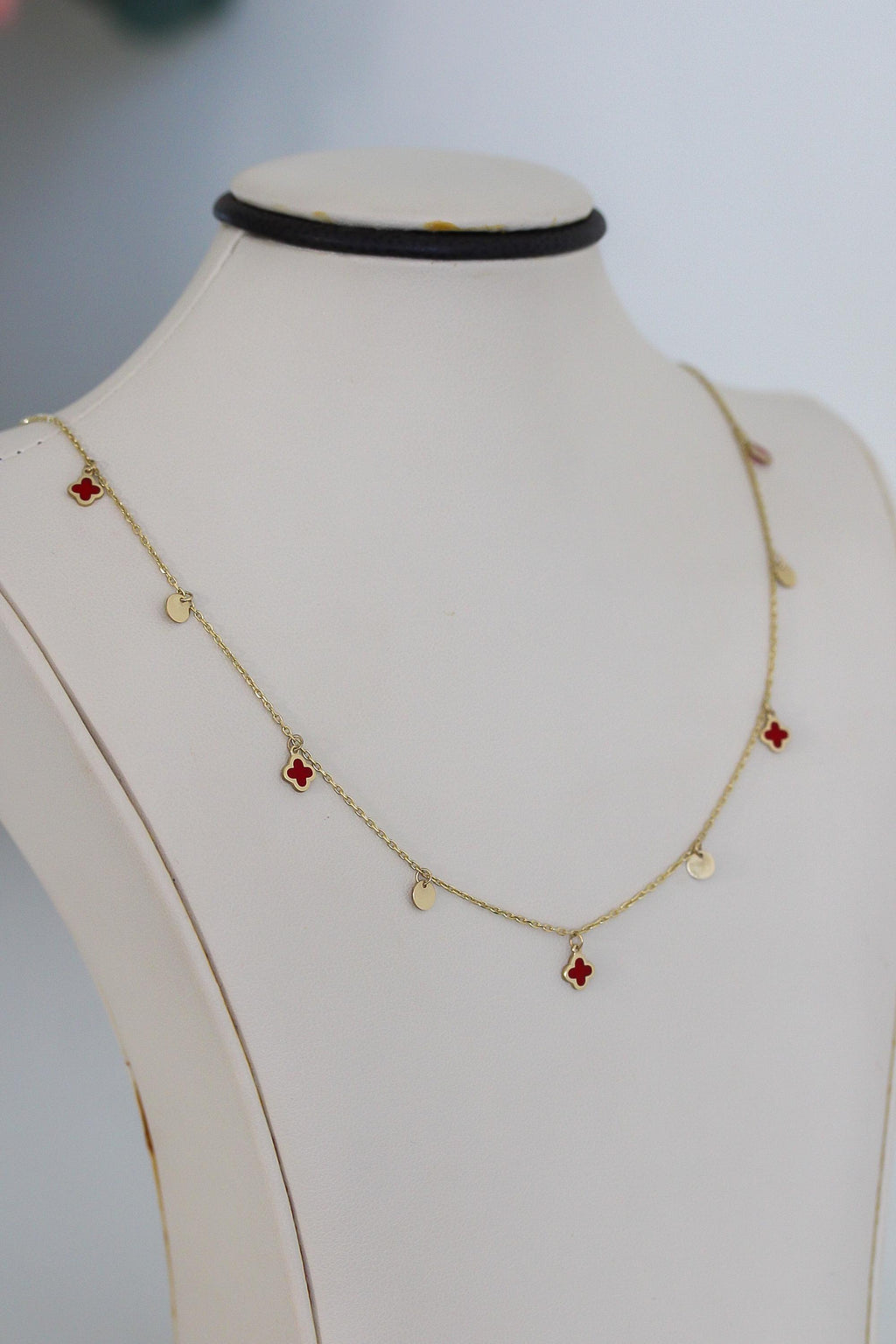 "Red Clover Enamel" Necklace - 14k Yellow Gold
