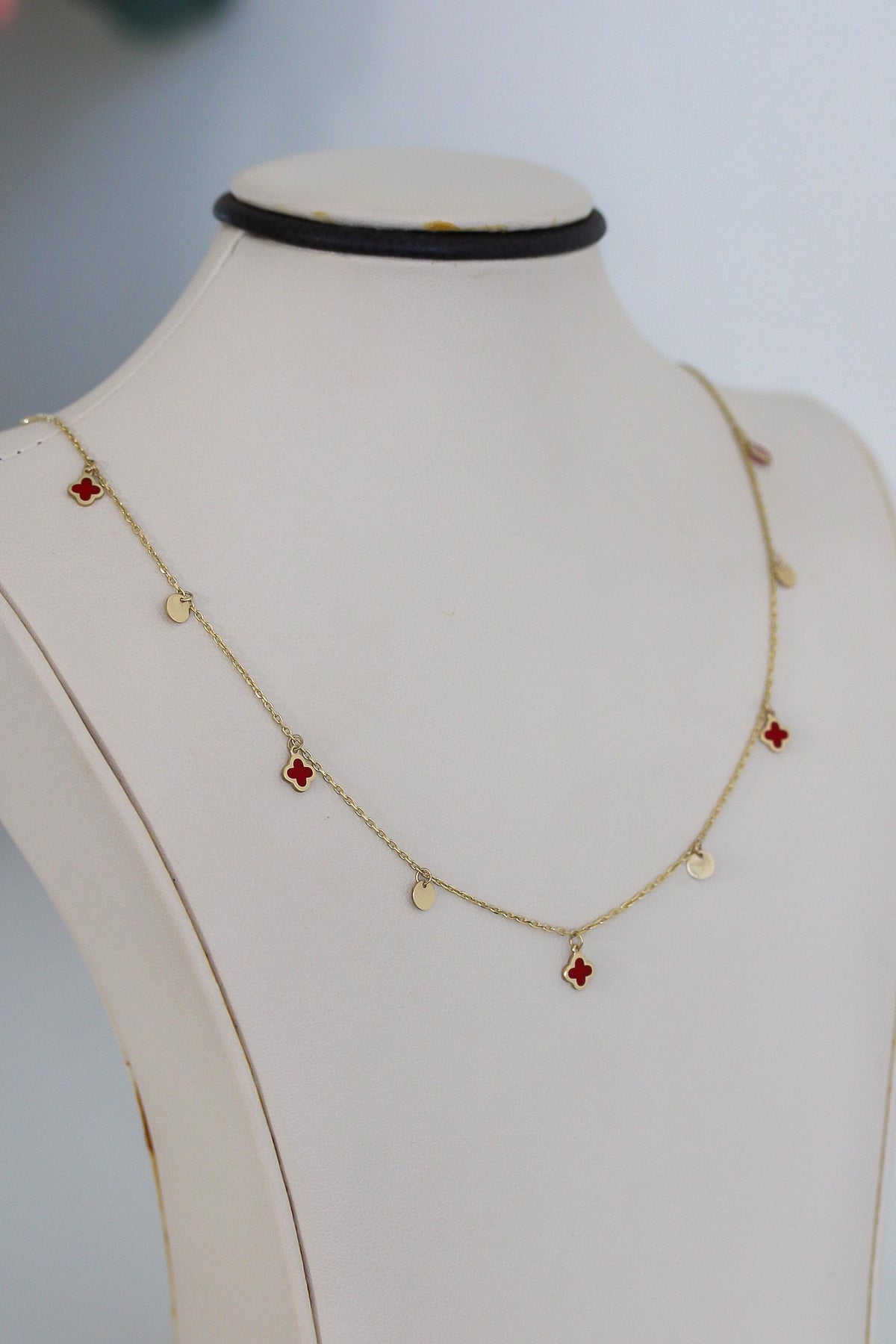 "Red Clover Enamel" Necklace - 14k Yellow Gold