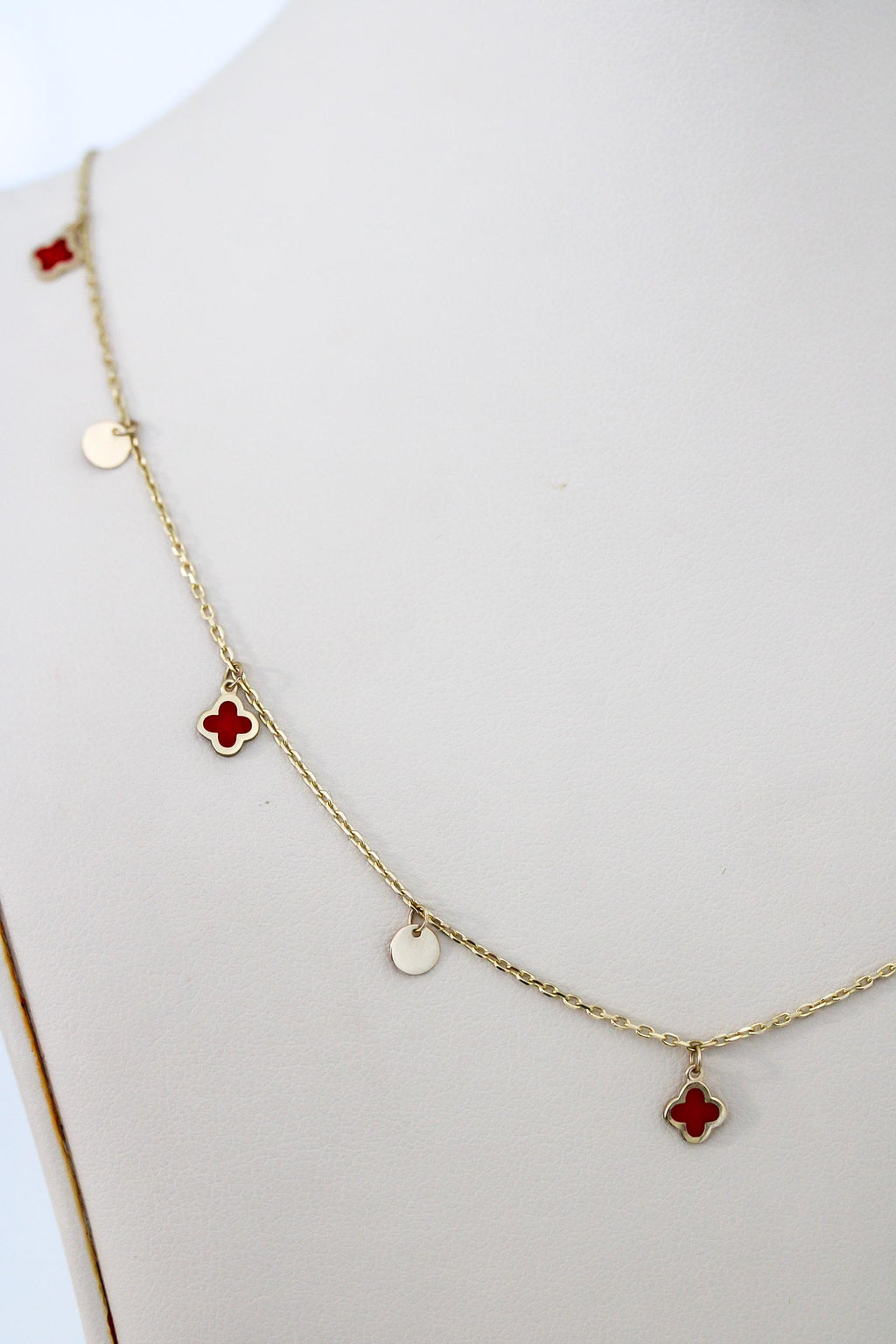 "Red Clover Enamel" Necklace - 14k Yellow Gold