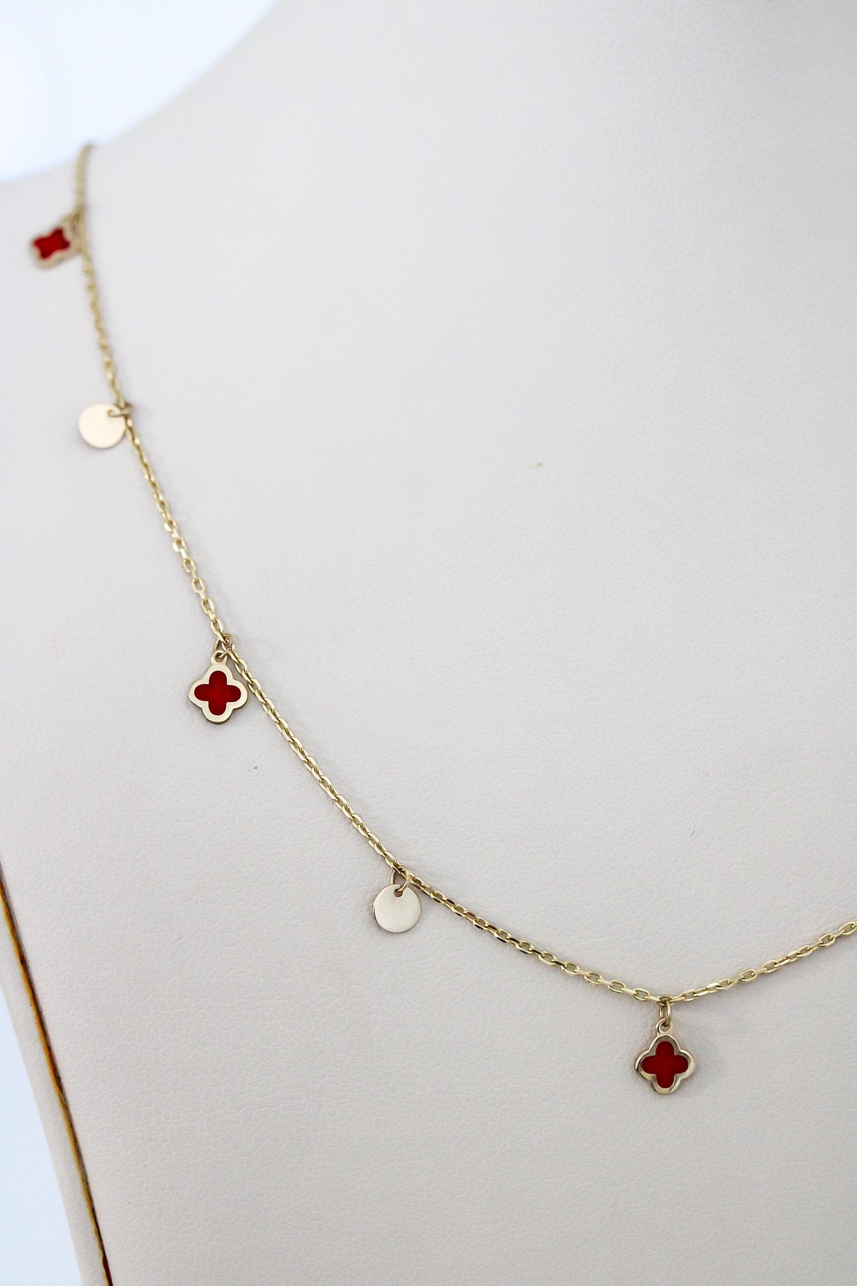 "Red Clover Enamel" Necklace - 14k Yellow Gold