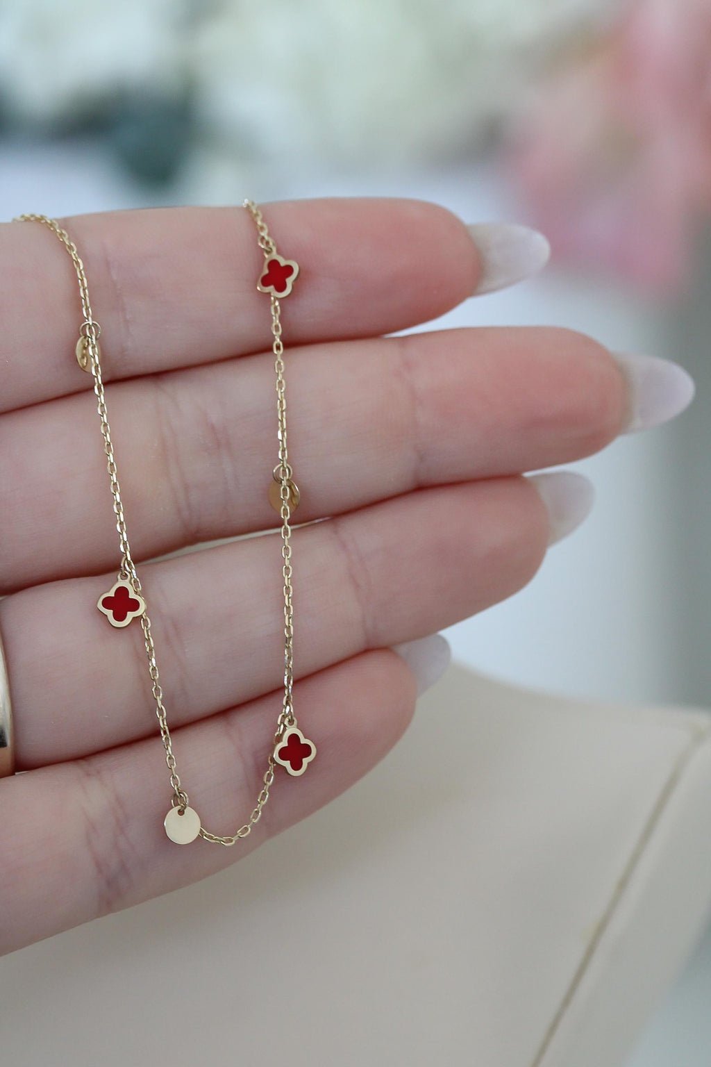 "Red Clover Enamel" Necklace - 14k Yellow Gold