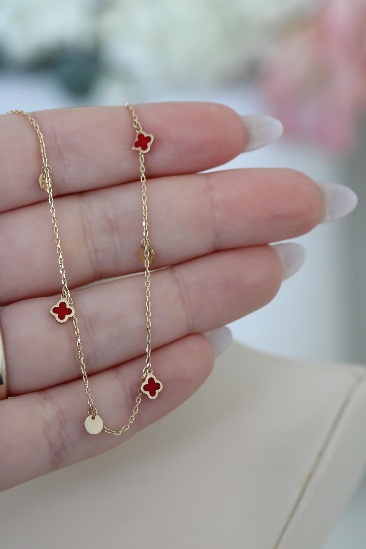 "Red Clover Enamel" Necklace - 14k Yellow Gold