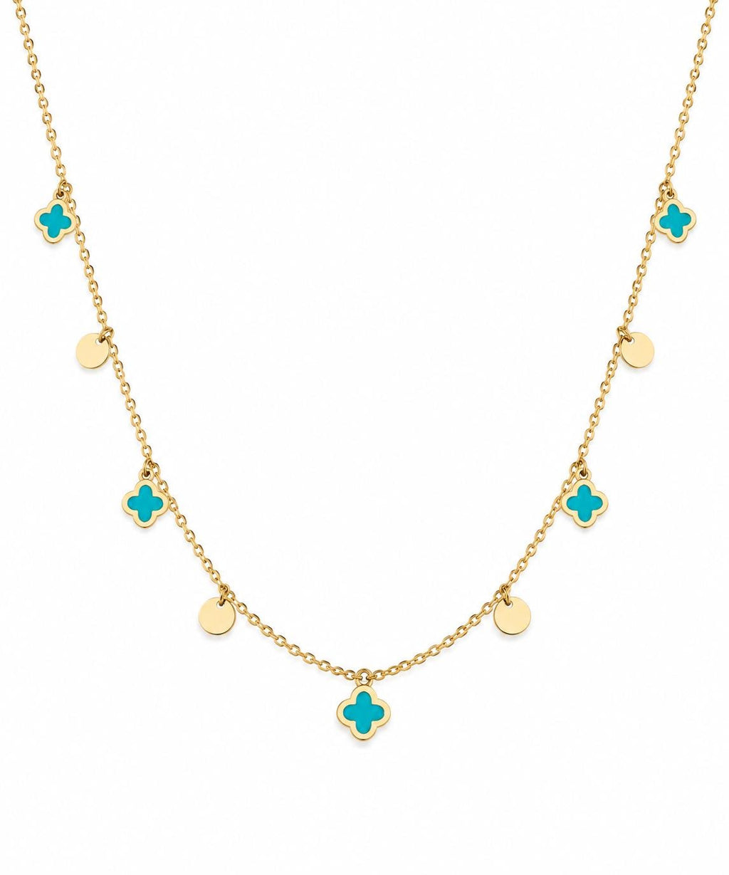 "Blue Clover Enamel" Necklace - 14k Yellow Gold