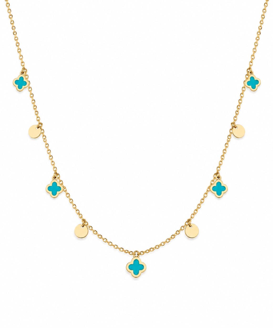 "Blue Clover Enamel" Necklace - 14k Yellow Gold