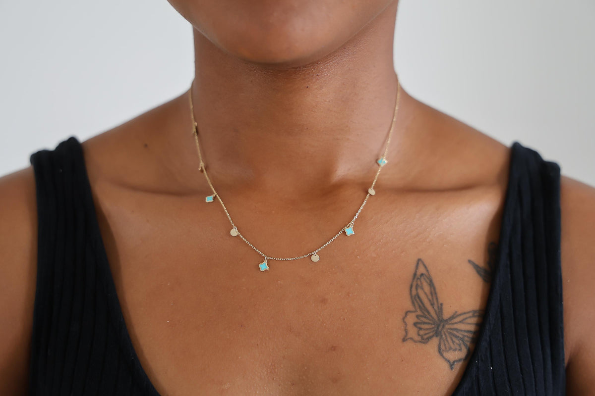 "Blue Clover Enamel" Necklace - 14k Yellow Gold