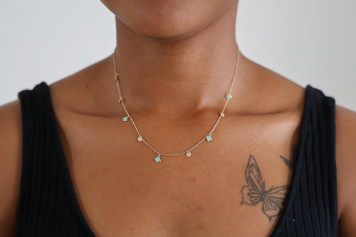 "Blue Clover Enamel" Necklace - 14k Yellow Gold