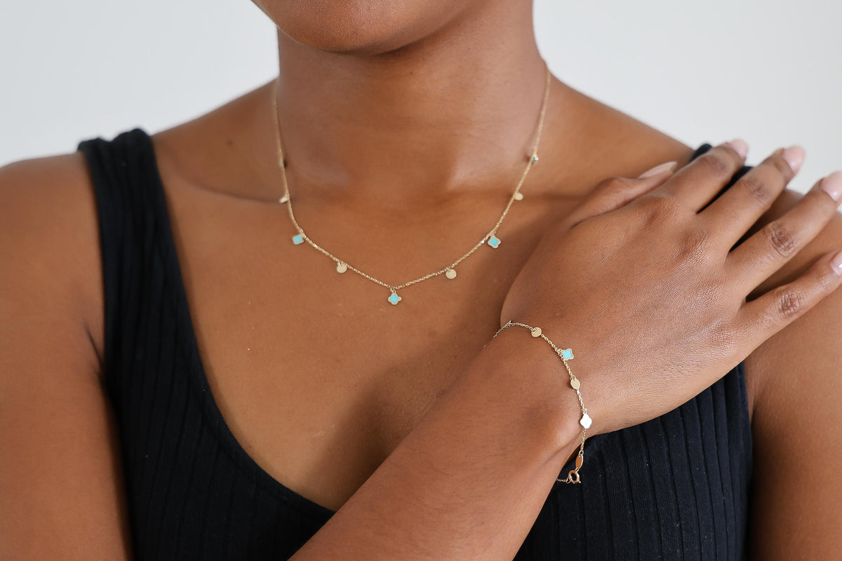 "Blue Clover Enamel" Necklace - 14k Yellow Gold