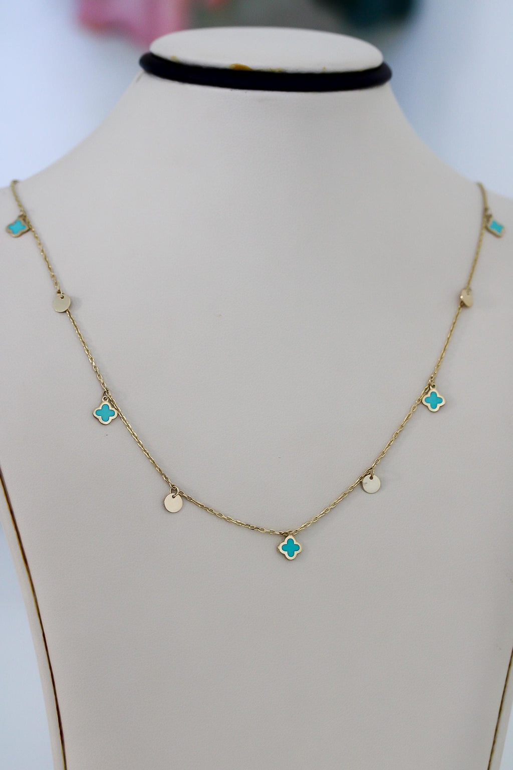 "Blue Clover Enamel" Necklace - 14k Yellow Gold