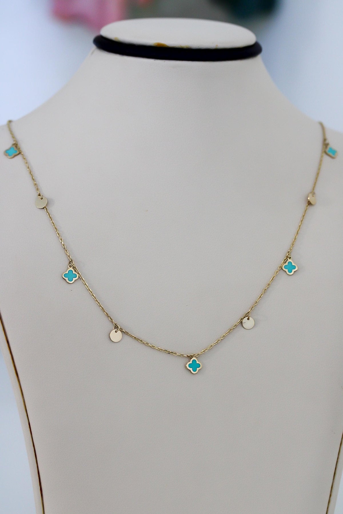 "Blue Clover Enamel" Necklace - 14k Yellow Gold