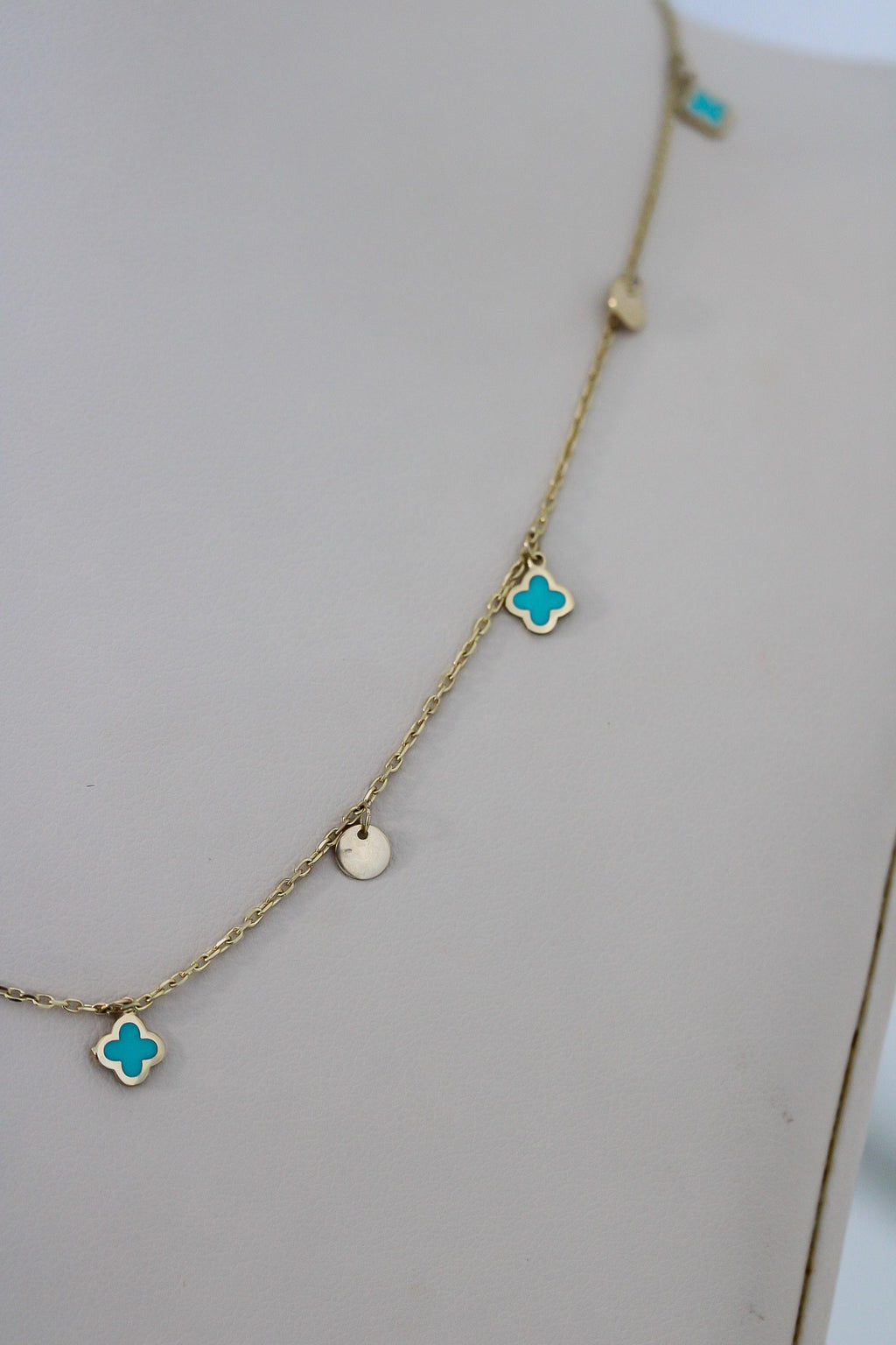 "Blue Clover Enamel" Necklace - 14k Yellow Gold