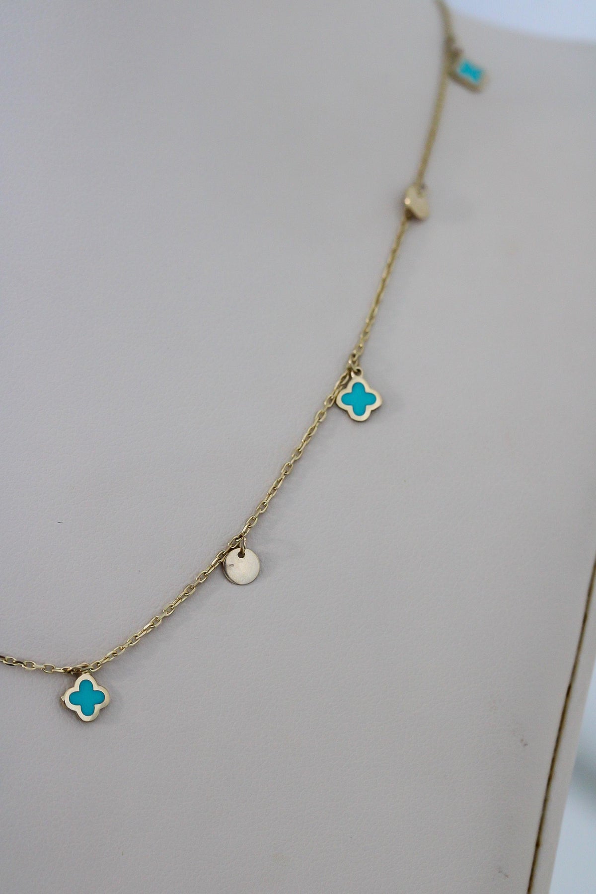 "Blue Clover Enamel" Necklace - 14k Yellow Gold