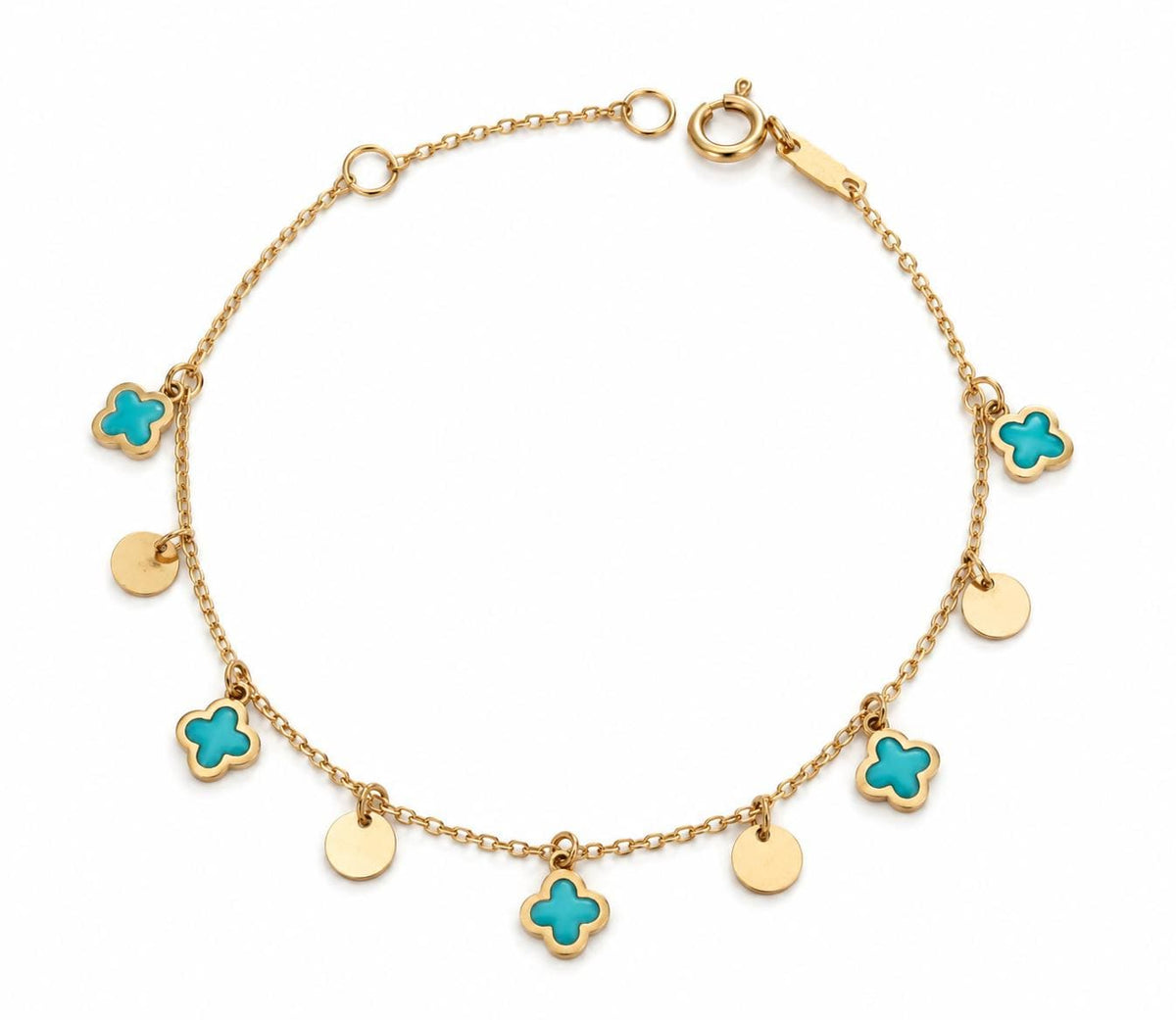"Blue Clover Dangle" Bracelet - 14k Solid Gold