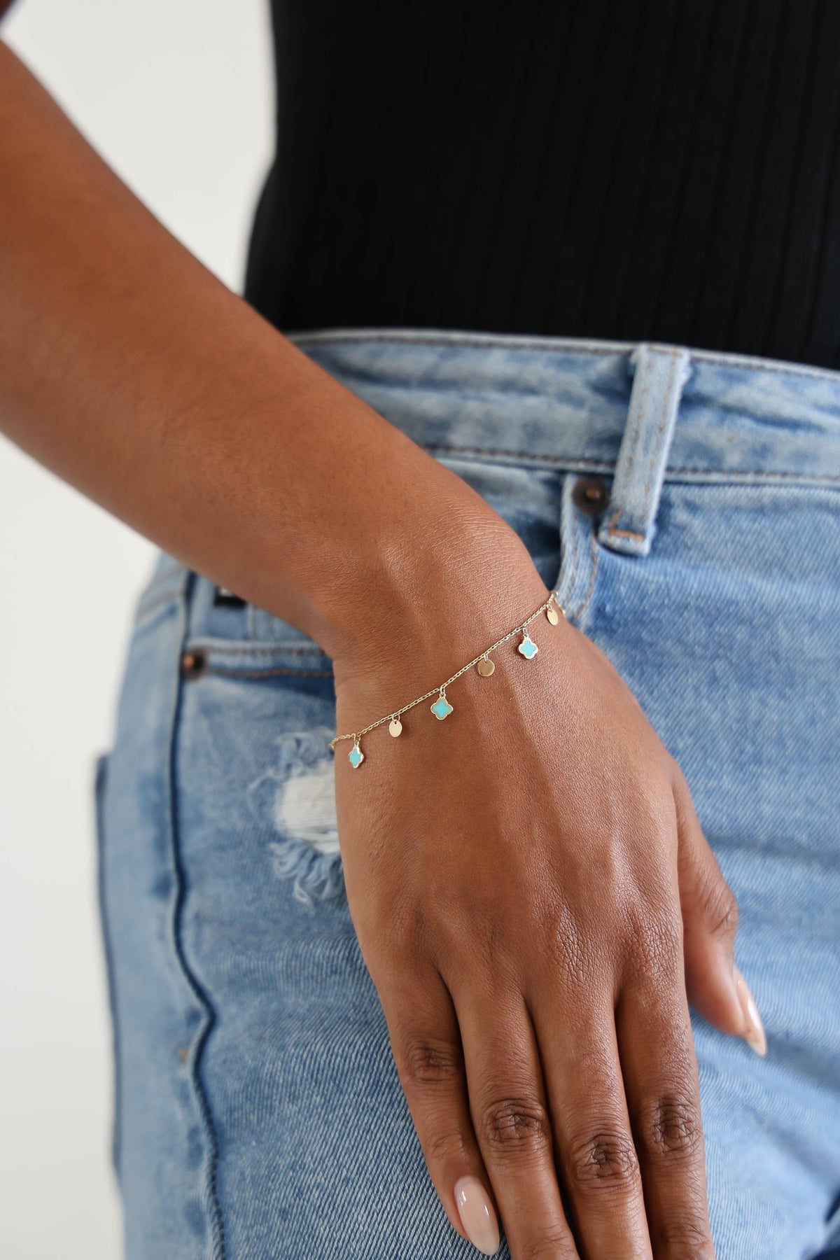 "Blue Clover Dangle" Bracelet - 14k Solid Gold