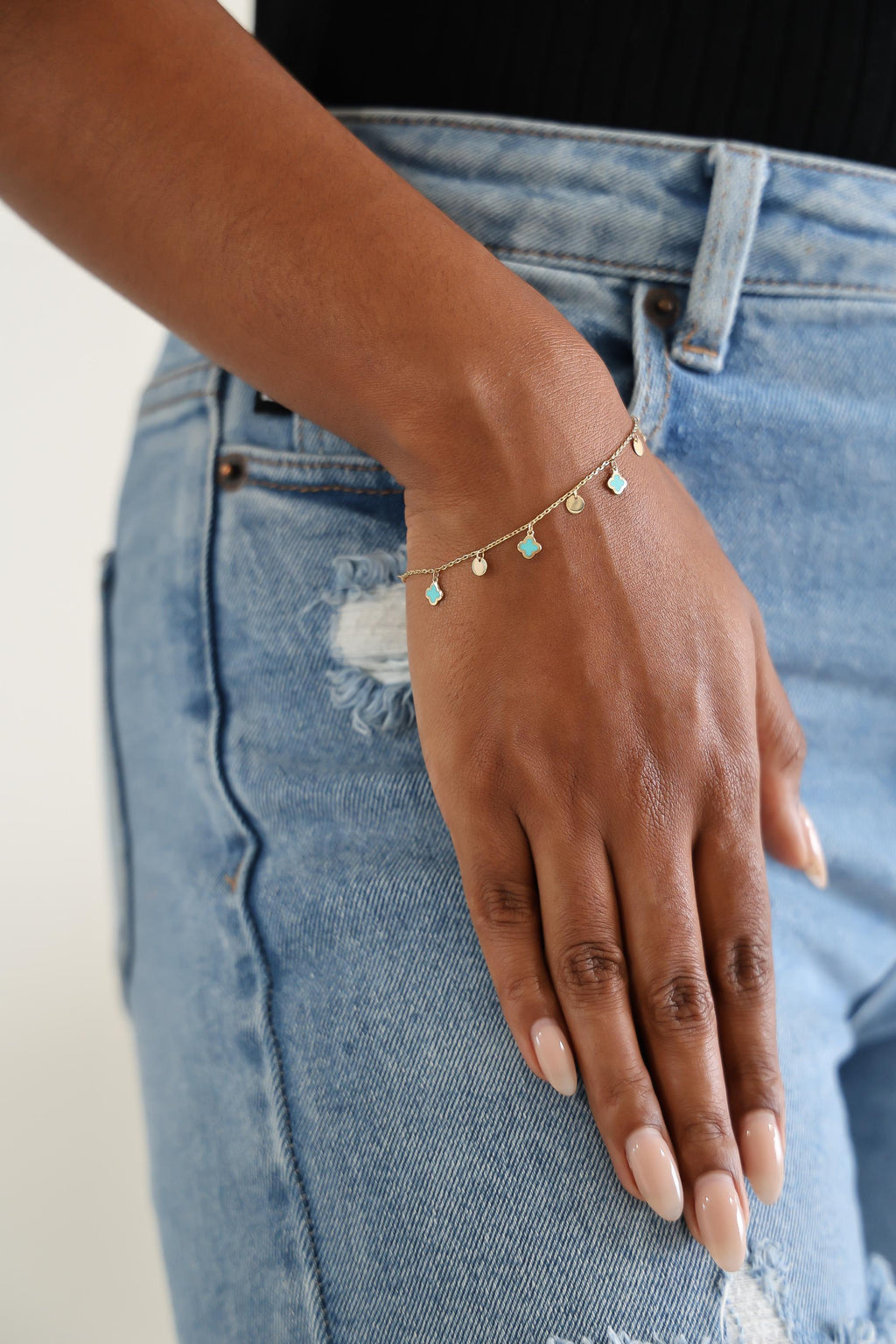 "Blue Clover Dangle" Bracelet - 14k Solid Gold