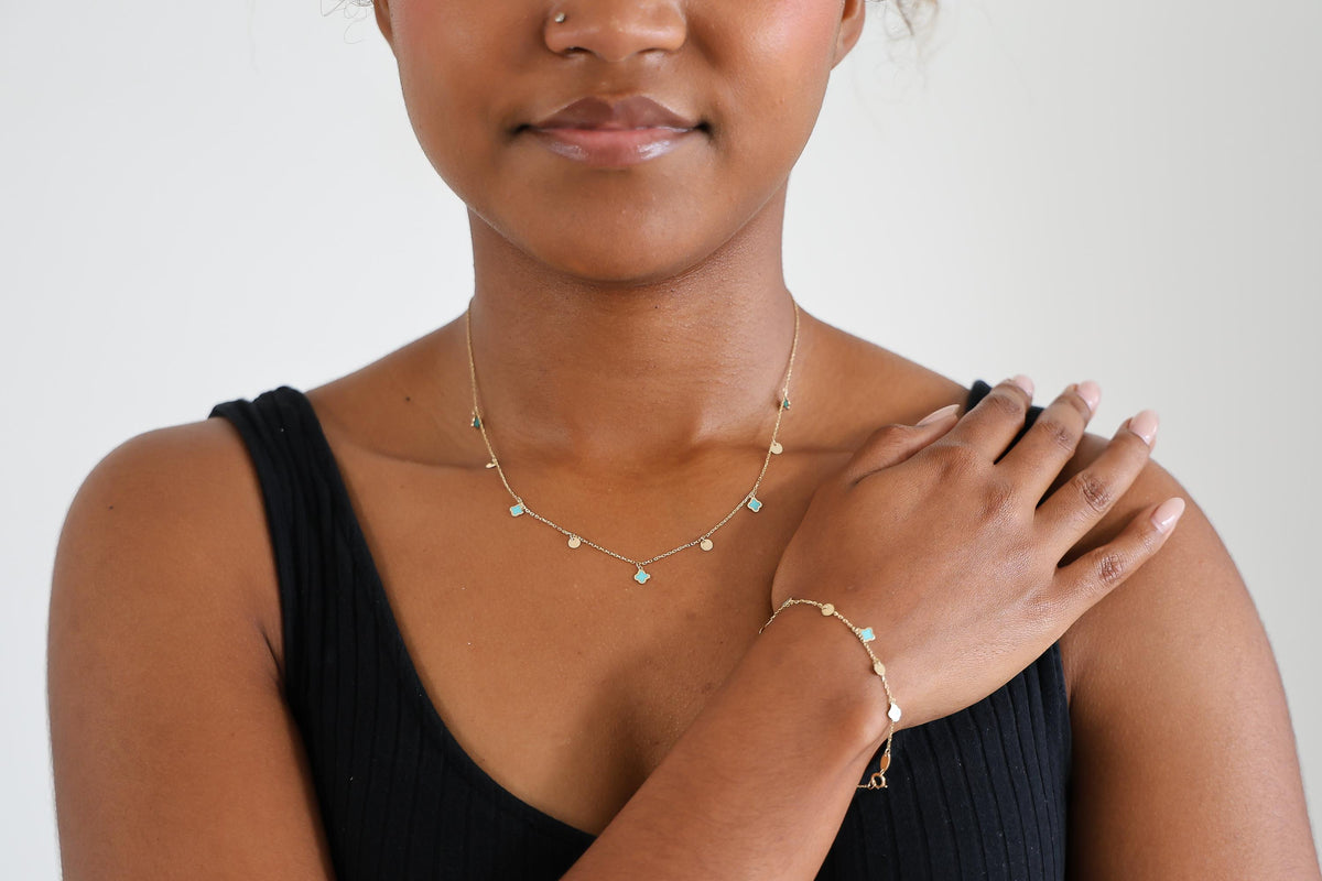 "Blue Clover Dangle" Bracelet - 14k Solid Gold