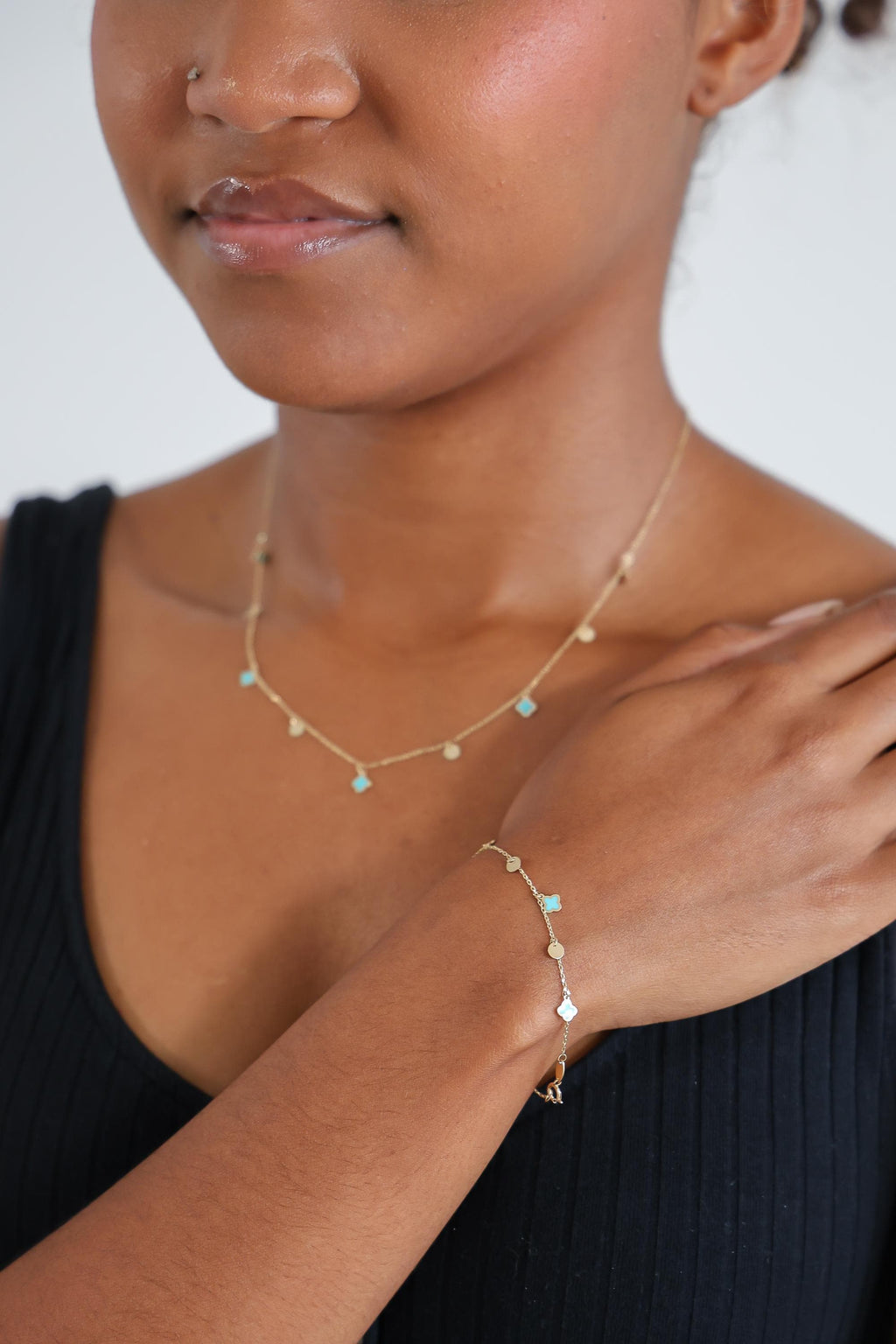 "Blue Clover Dangle" Bracelet - 14k Solid Gold
