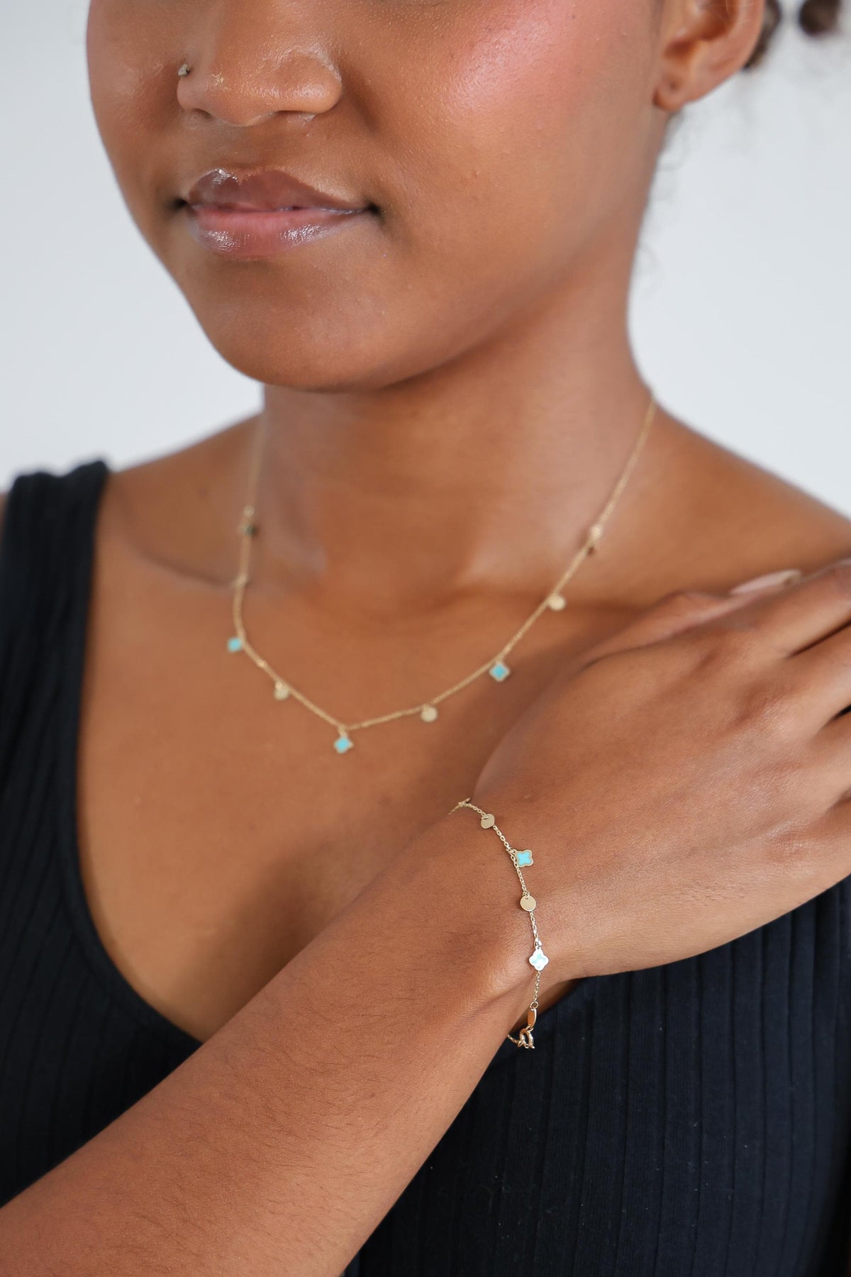 "Blue Clover Dangle" Bracelet - 14k Solid Gold