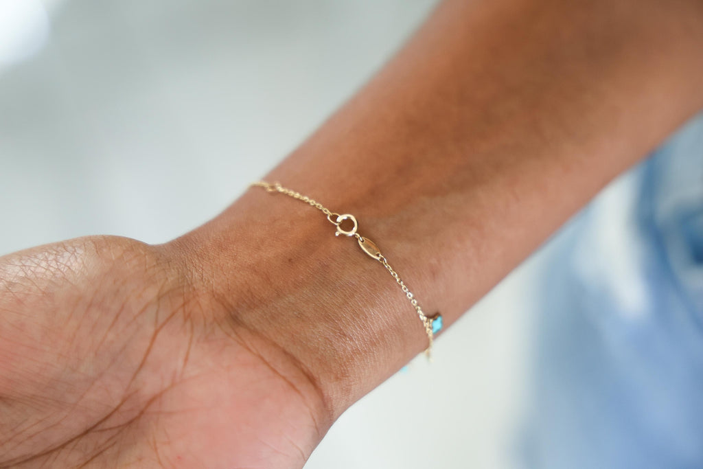 "Blue Clover Dangle" Bracelet - 14k Solid Gold
