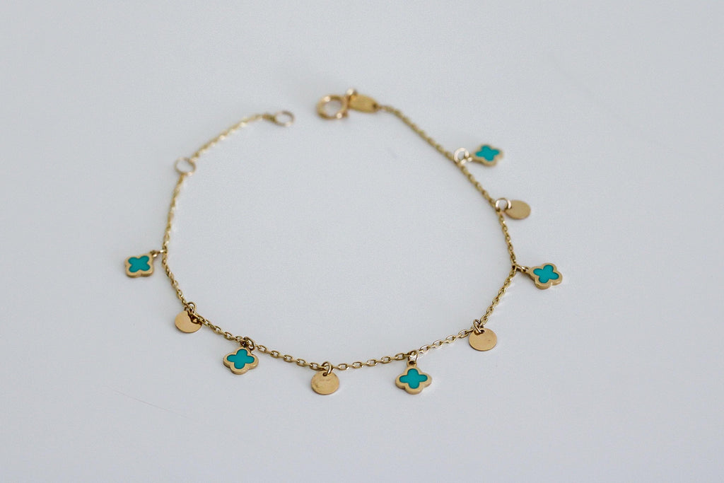 "Blue Clover Dangle" Bracelet - 14k Solid Gold