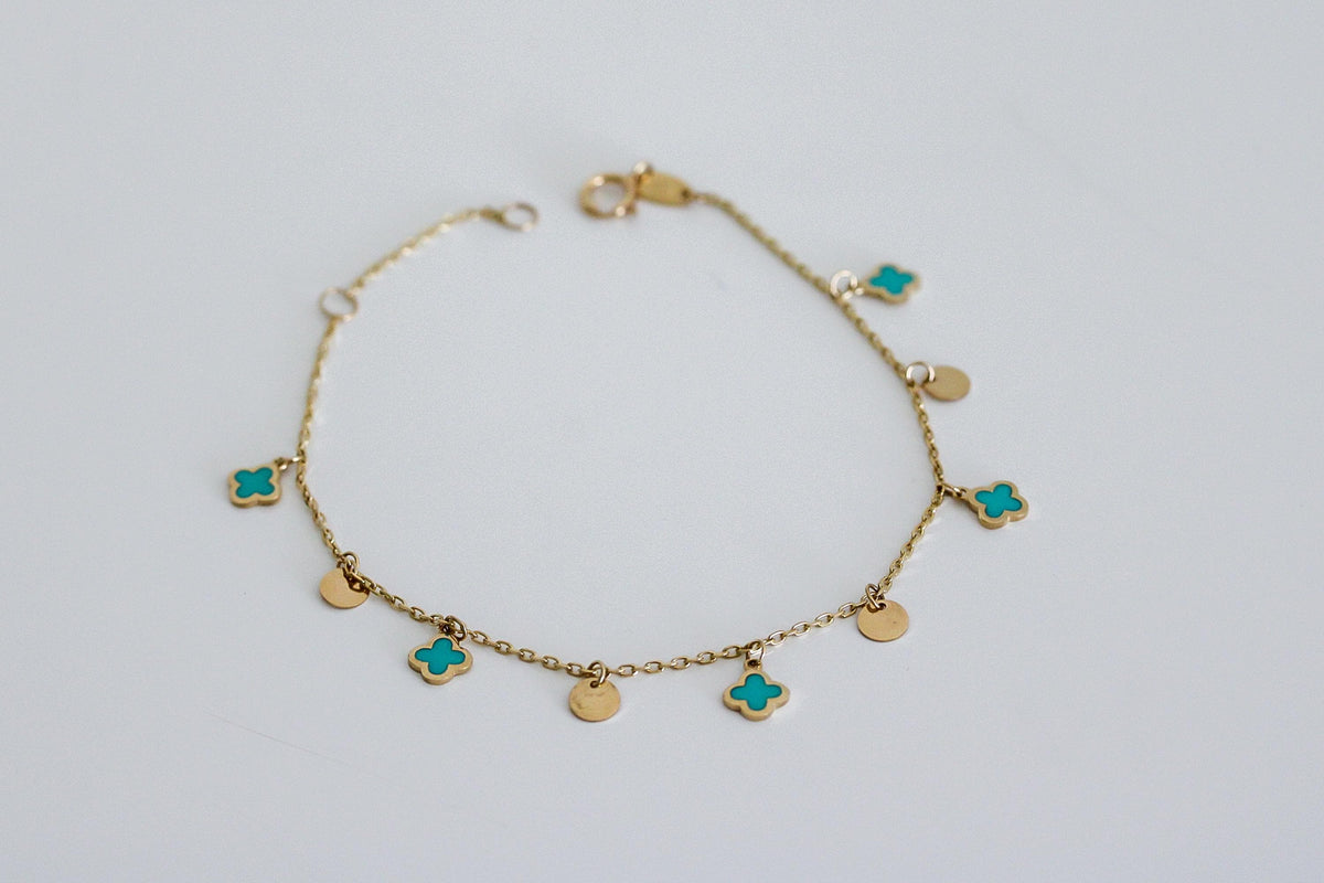 "Blue Clover Dangle" Bracelet - 14k Solid Gold