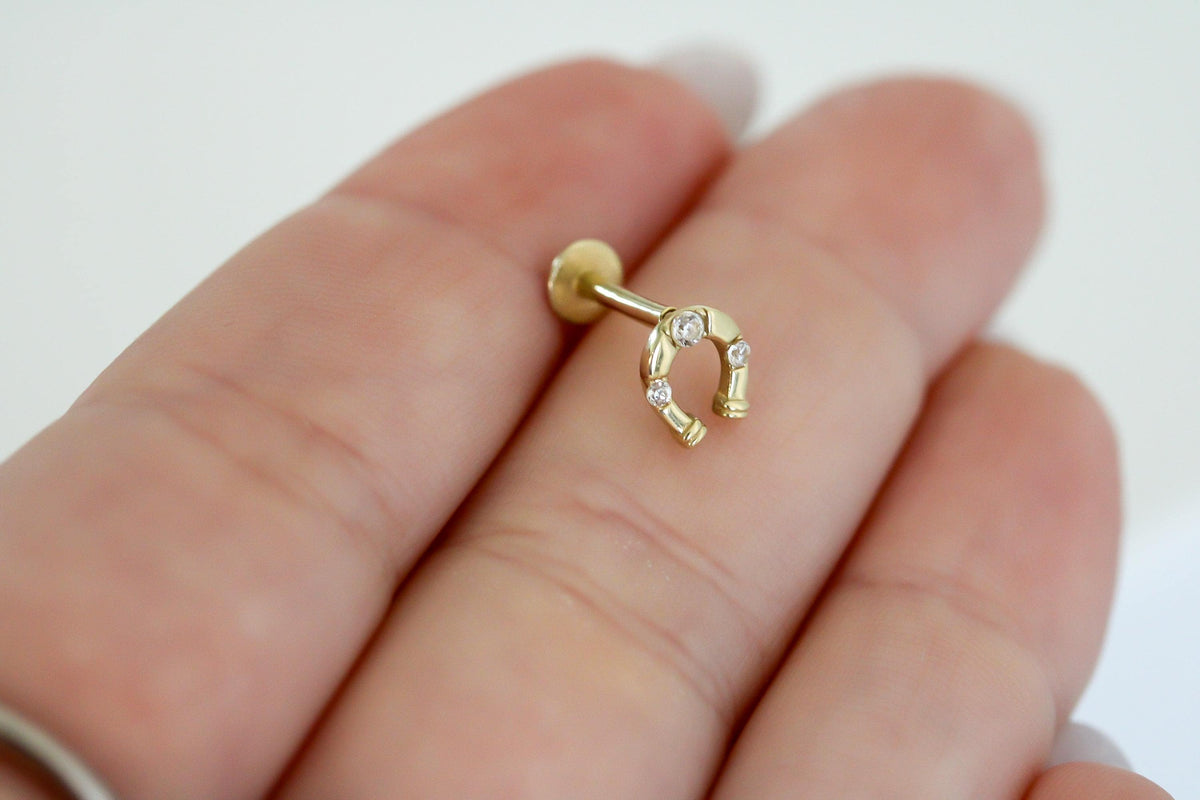 "Horseshoe CZ" Piercing Earring - 14k Yellow Gold