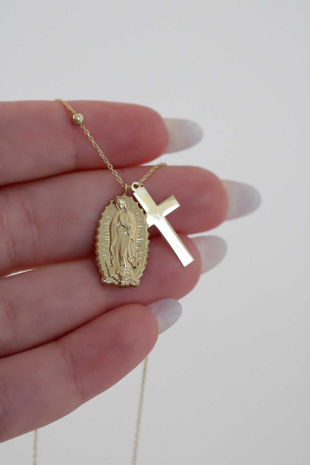 "Guadalupe & Cross" Necklace - 10k Yellow Gold