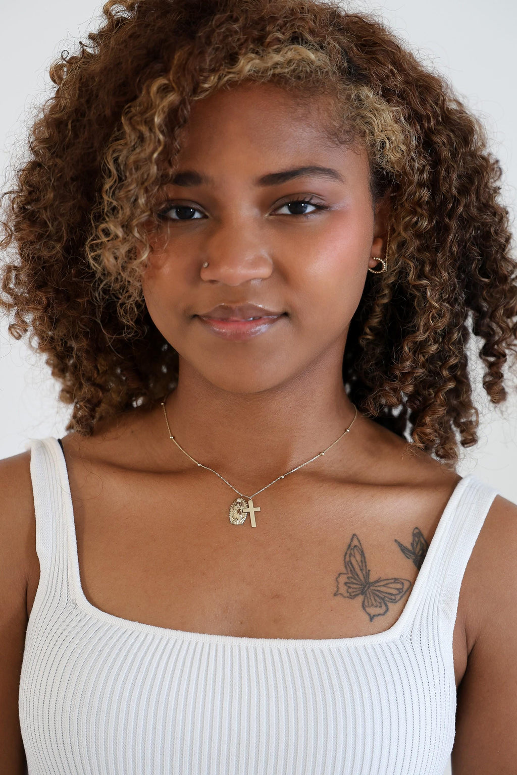 "Guadalupe & Cross" Necklace - 10k Yellow Gold