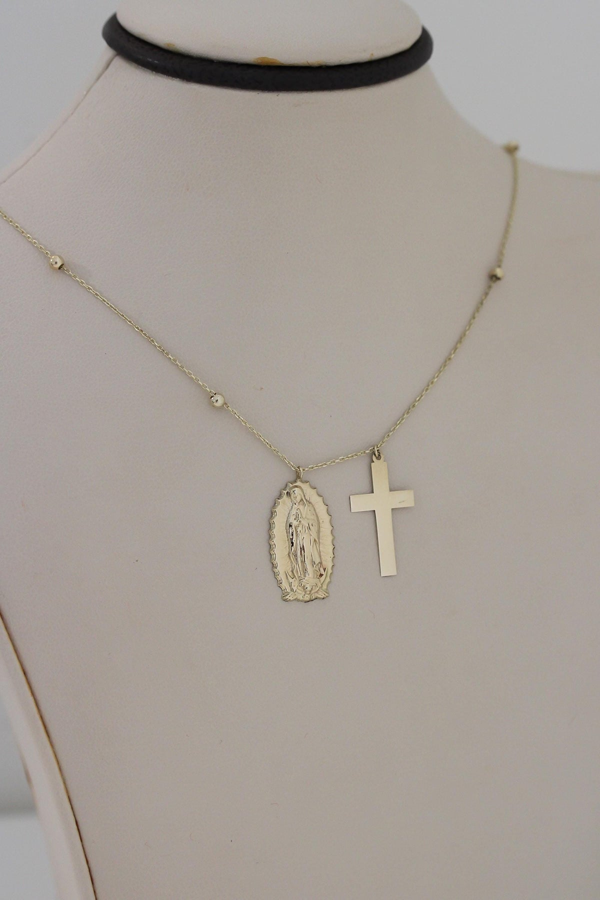 "Guadalupe & Cross" Necklace - 10k Yellow Gold