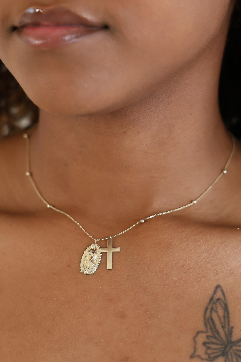 "Guadalupe & Cross" Necklace - 10k Yellow Gold