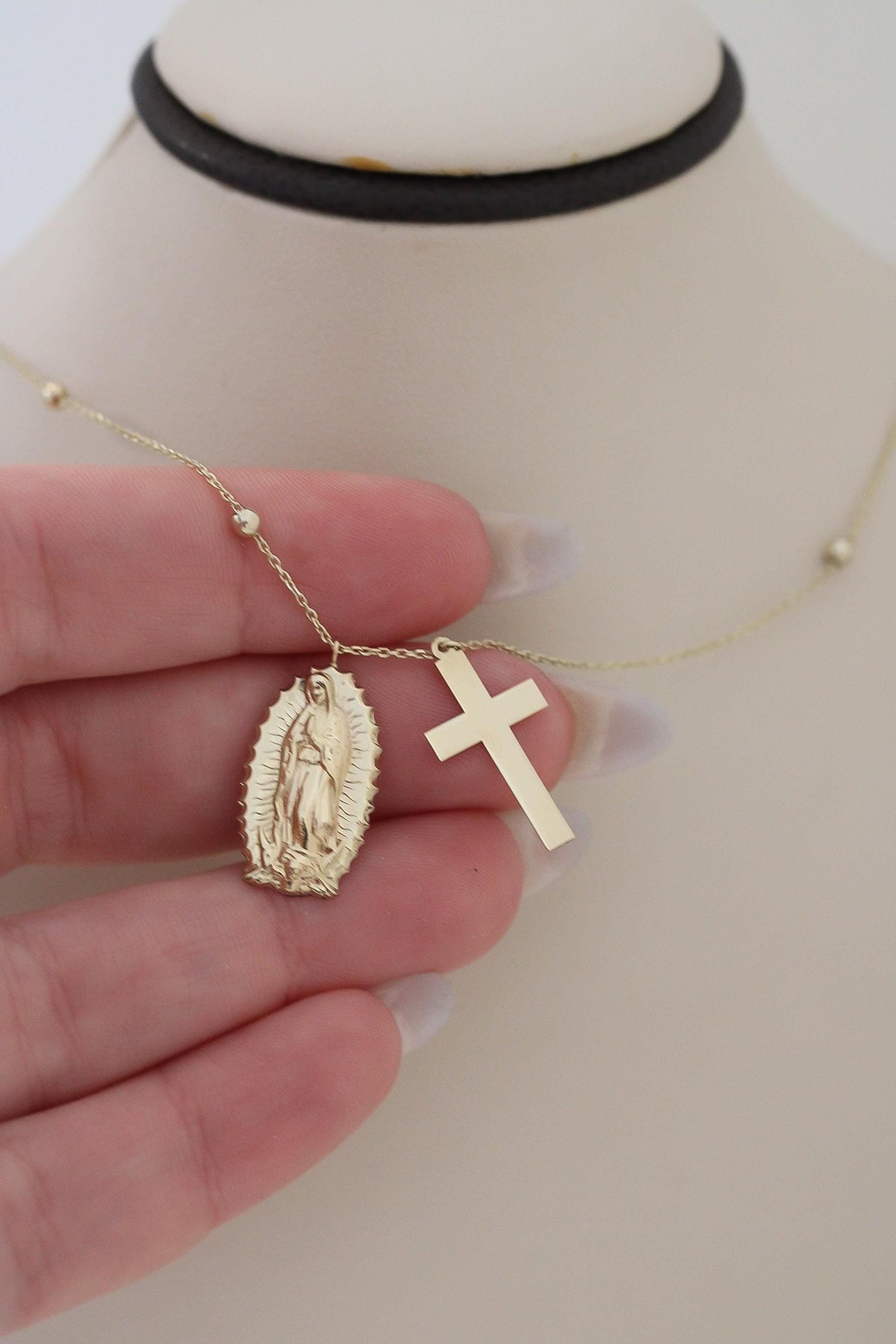 "Guadalupe & Cross" Necklace - 10k Yellow Gold