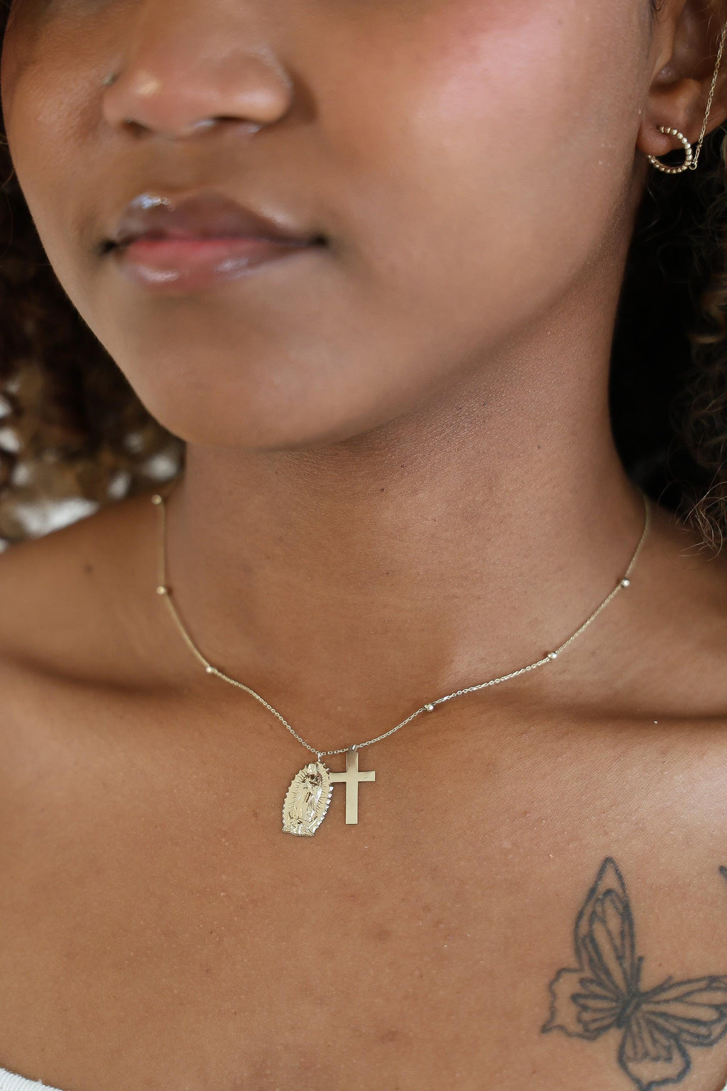 "Guadalupe & Cross" Necklace - 10k Yellow Gold