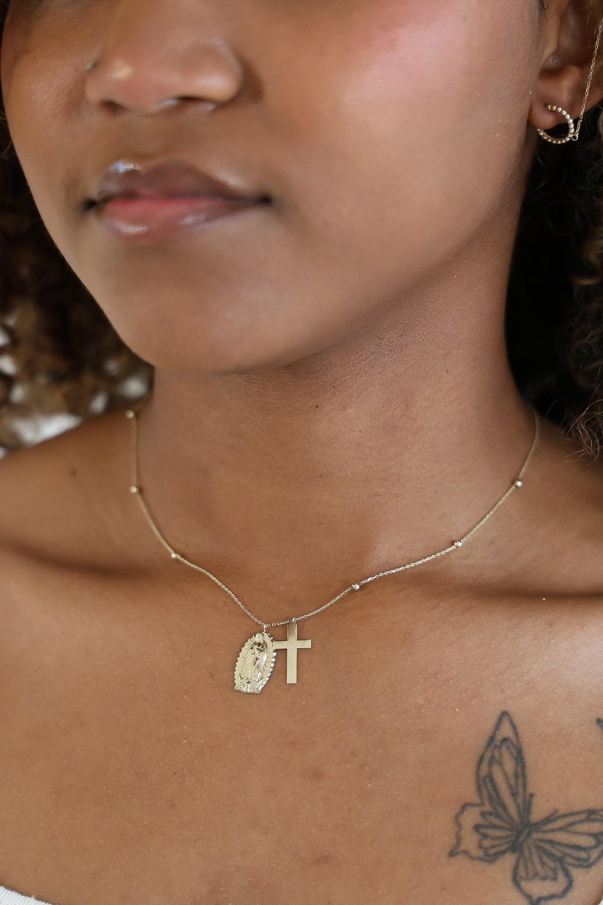"Guadalupe & Cross" Necklace - 10k Yellow Gold
