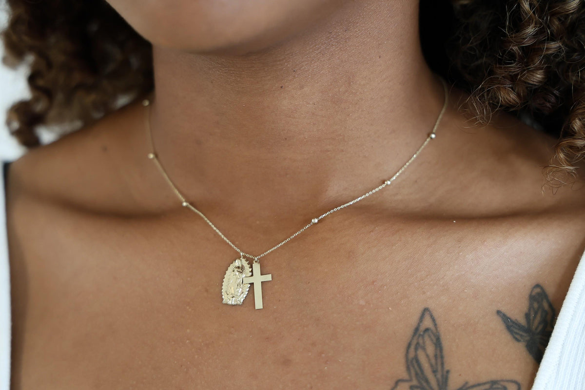 "Guadalupe & Cross" Necklace - 10k Yellow Gold