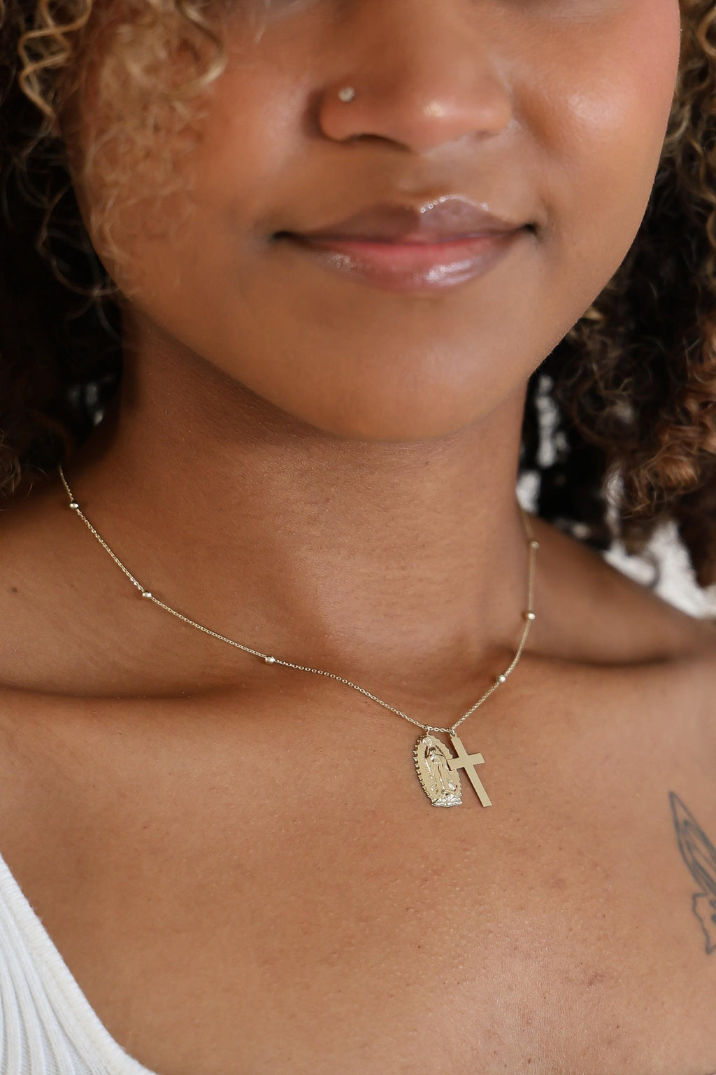 "Guadalupe & Cross" Necklace - 10k Yellow Gold